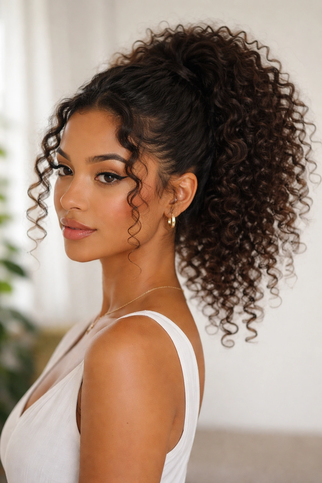 High ponytail with face-framing curls framing the face on 3b hair