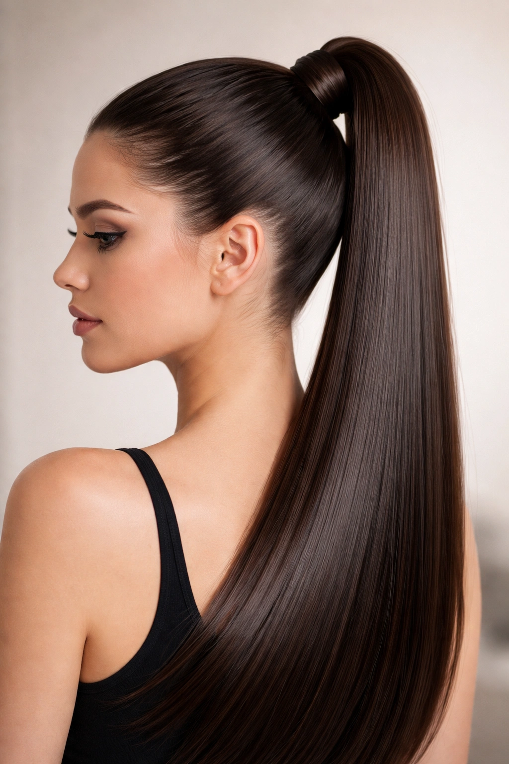 Close-up of a high, sleek ponytail on glossy straight hair, no flyaways