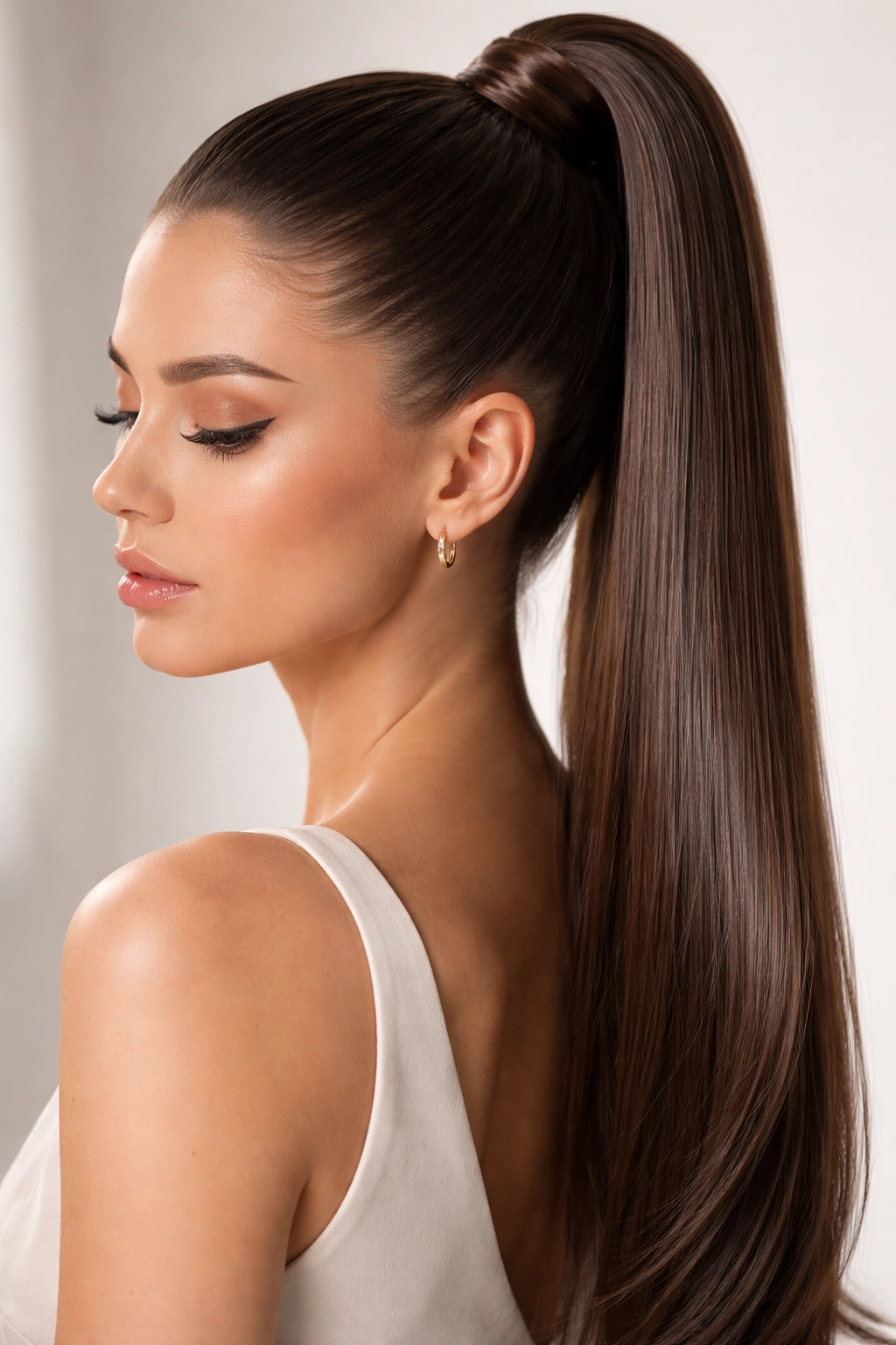 Close-up of a glass-smooth high ponytail at the crown with a glossy finish and no flyaways