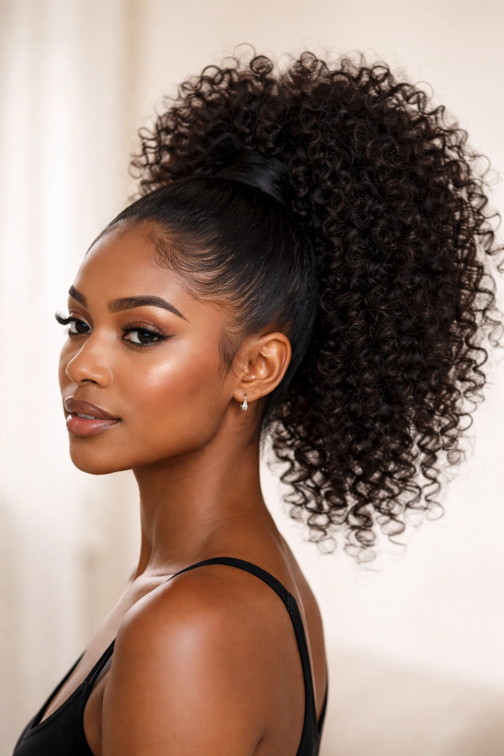 Close-up of a high ponytail with full volume on natural curly hair at the crown