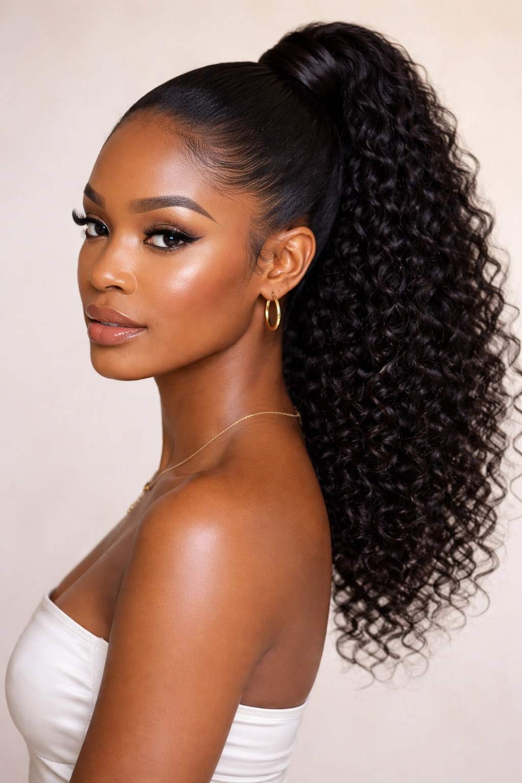 Close-up of a high ponytail with natural curls at the crown and a smooth front on Black hair.