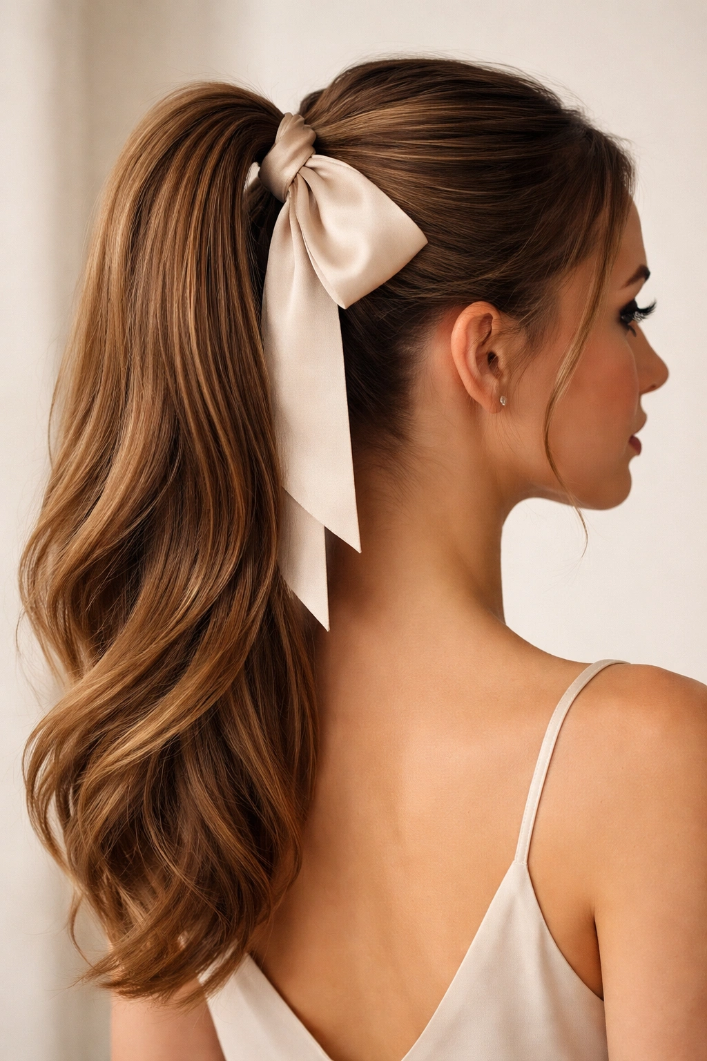 Classic high ponytail with silk bow, smooth hair and bow at elastic base