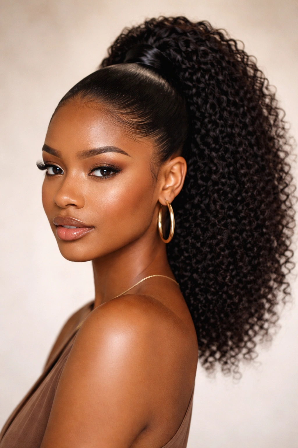 Close-up of a high crown ponytail with a sleek gel finish on natural hair