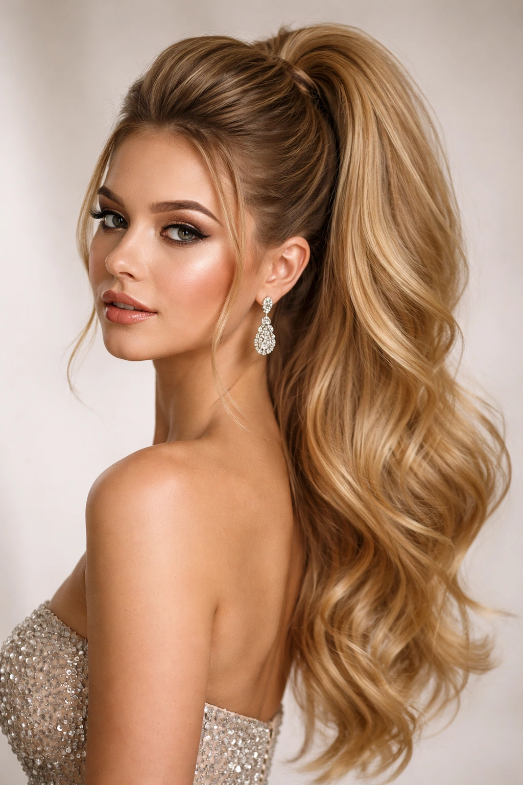 Close-up of a high-volume ponytail at the crown with teased lift