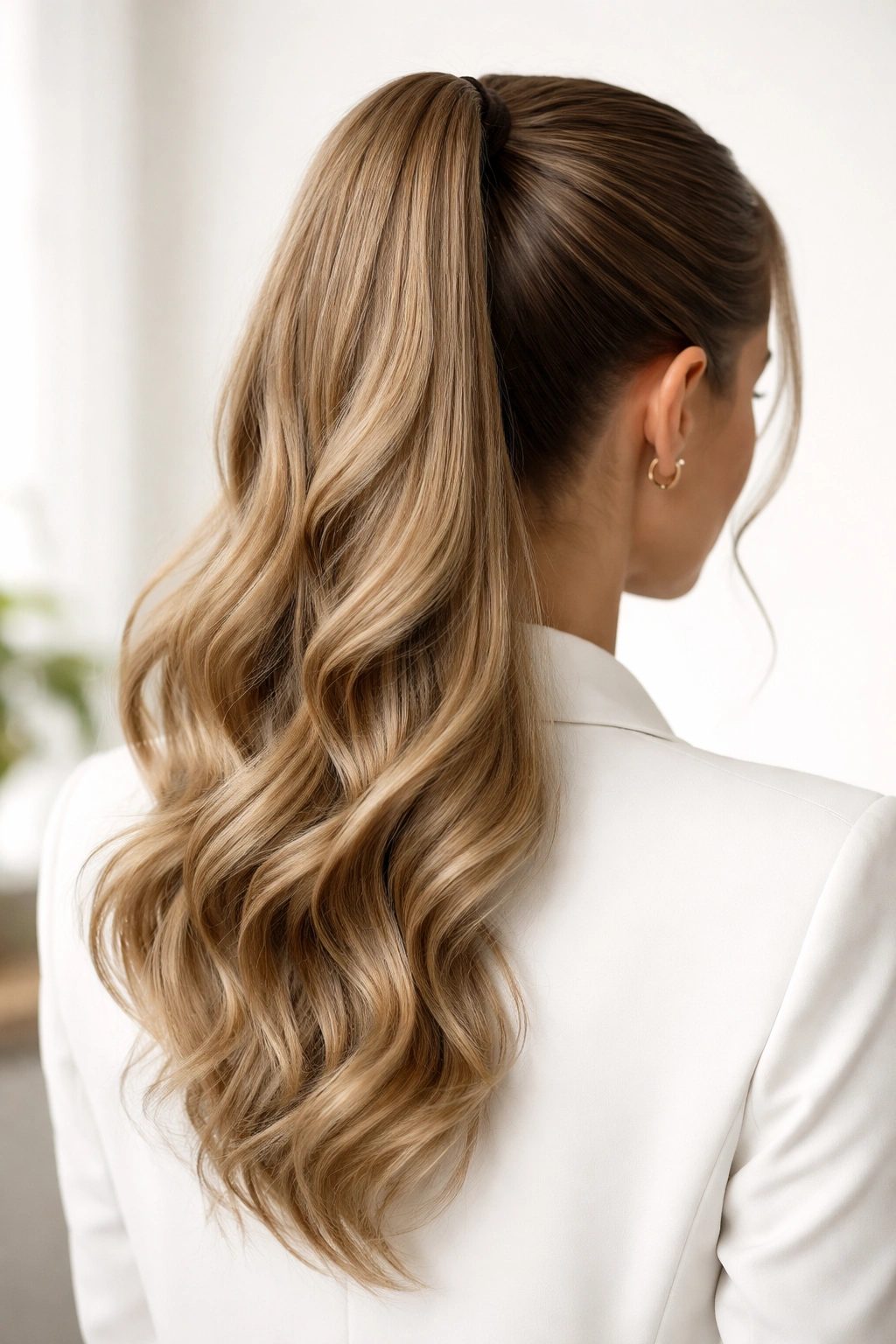 Back view of a high ponytail with waves neatly set inside the ponytail