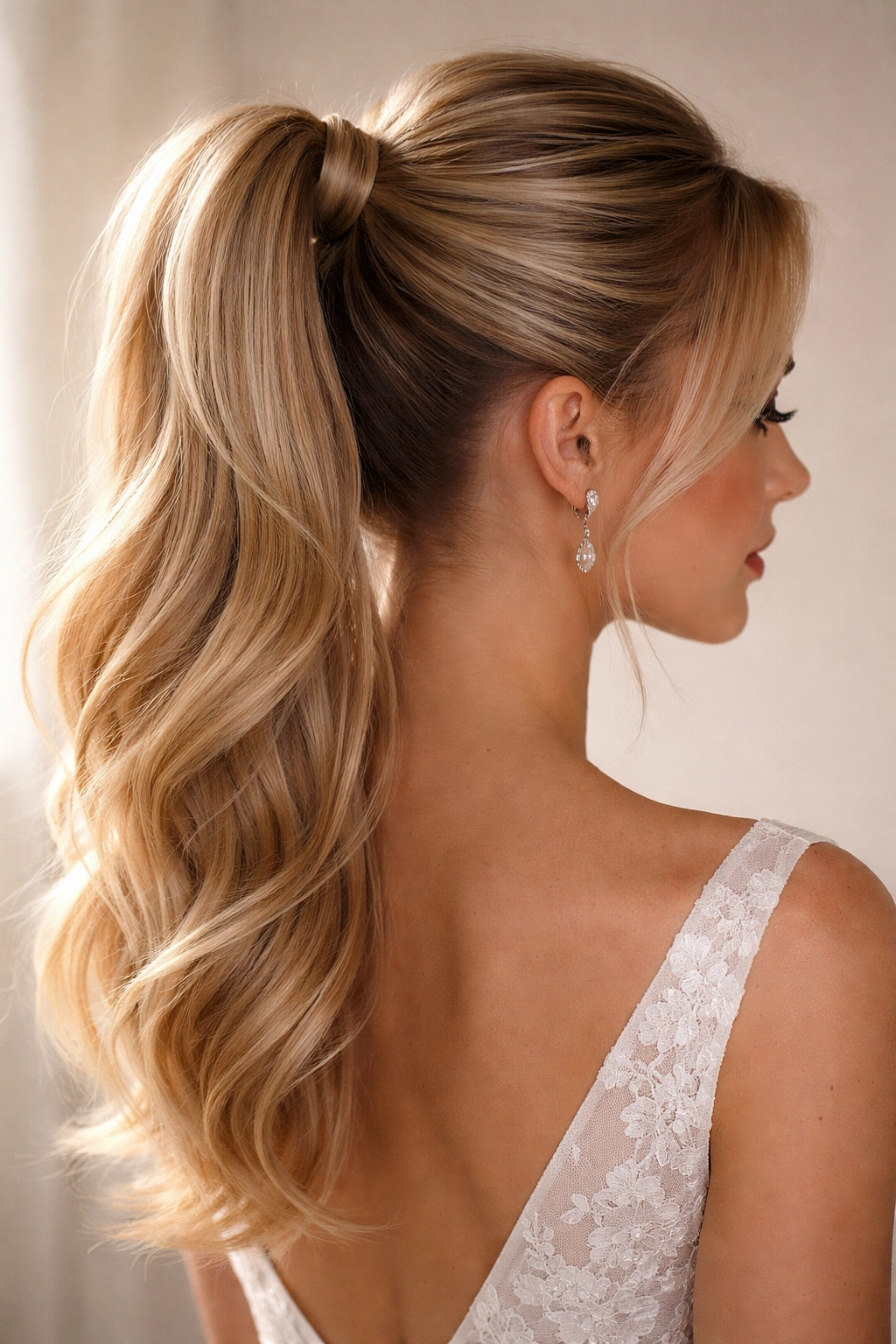 Close-up of a high ponytail with voluminous crown and sleek tail