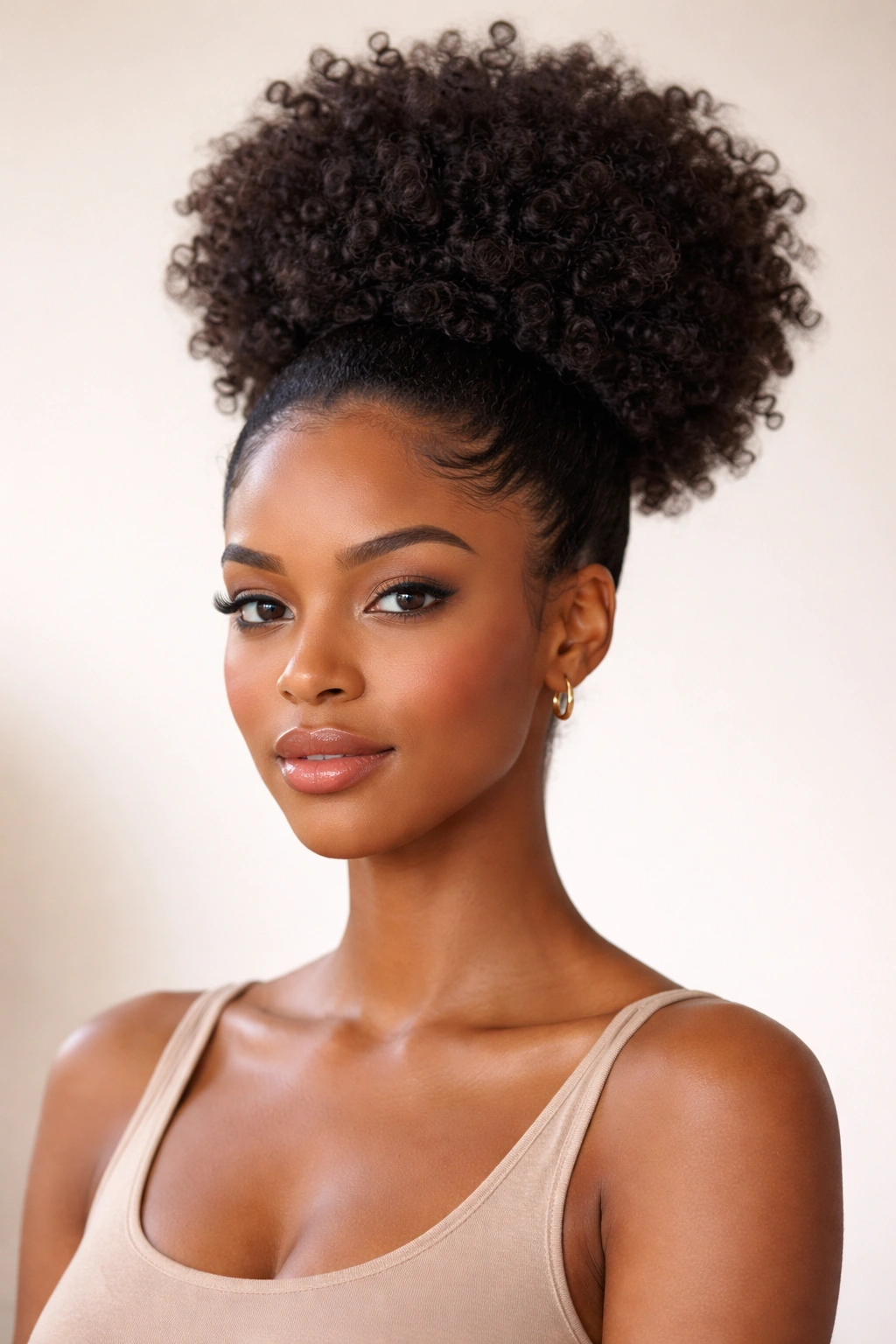Front-facing shot of a high puff on 4C hair with a rounded top.