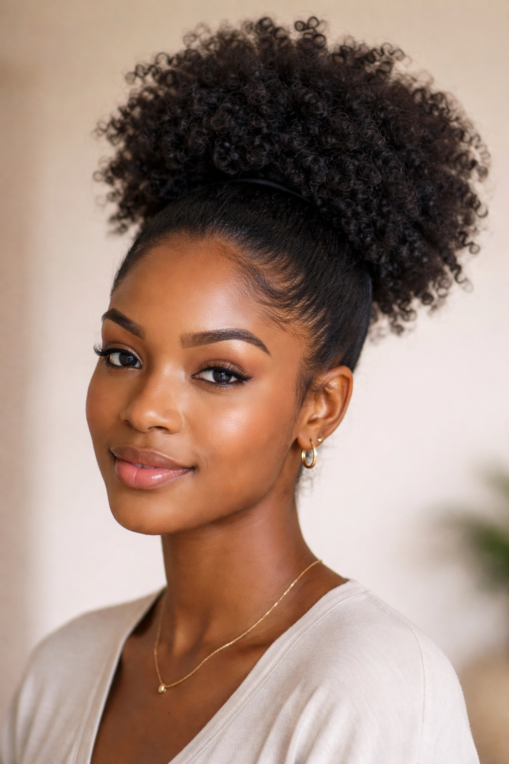 Close-up of a high puff hairstyle at the crown with voluminous curls