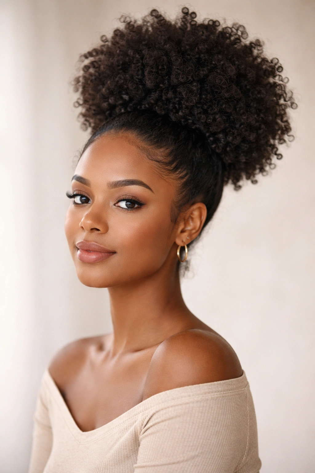 Close-up of a high puff hairstyle with a rounded crown and voluminous curls in a studio portrait
