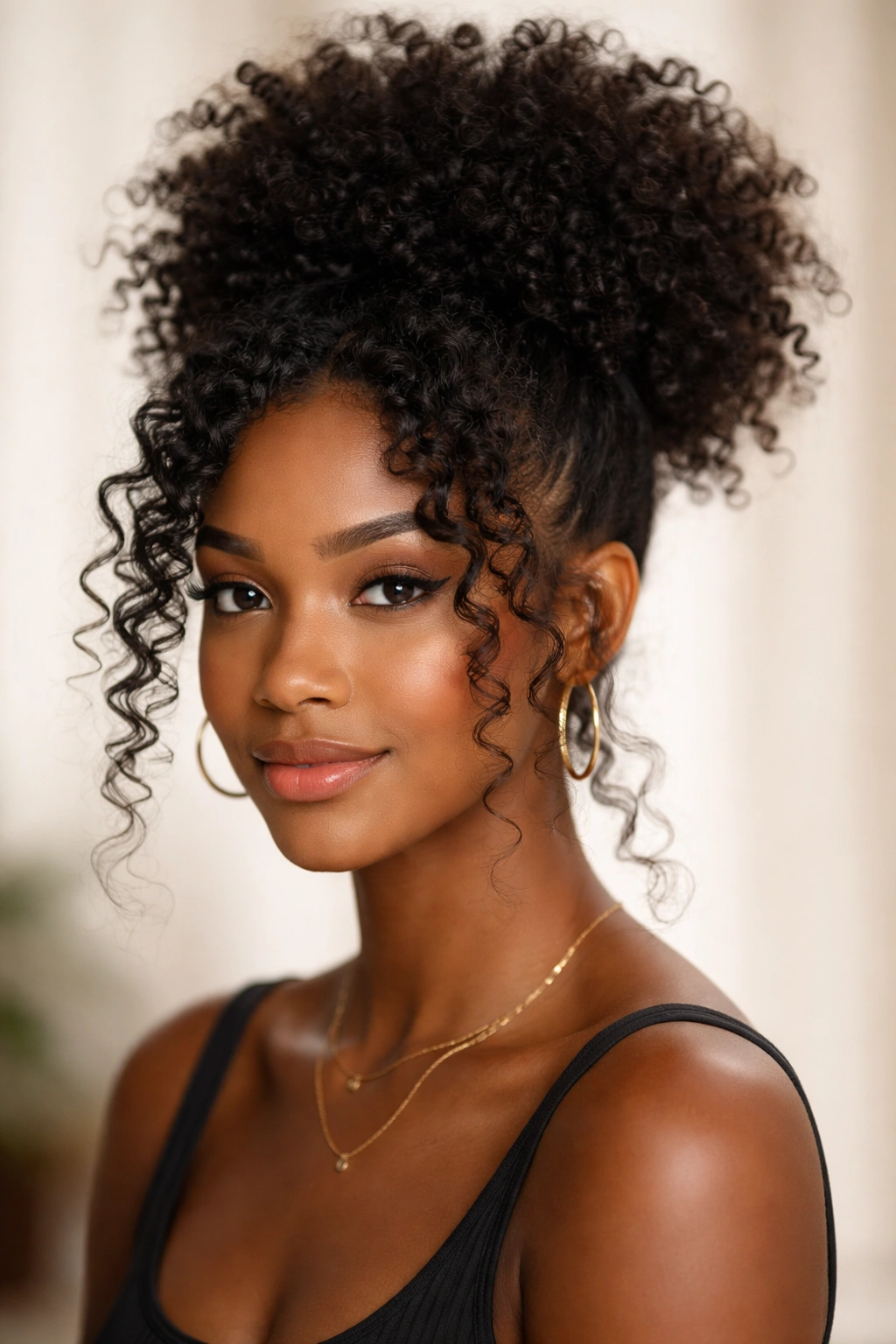 High puff hairstyle with loose face-framing pieces around the face