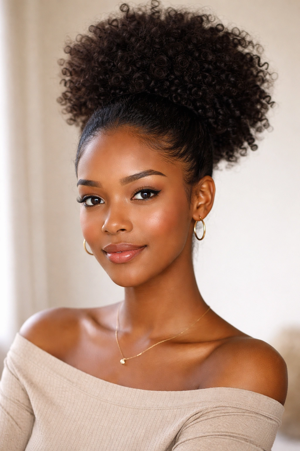 Close-up of a high puff hairstyle with crown volume and defined curls