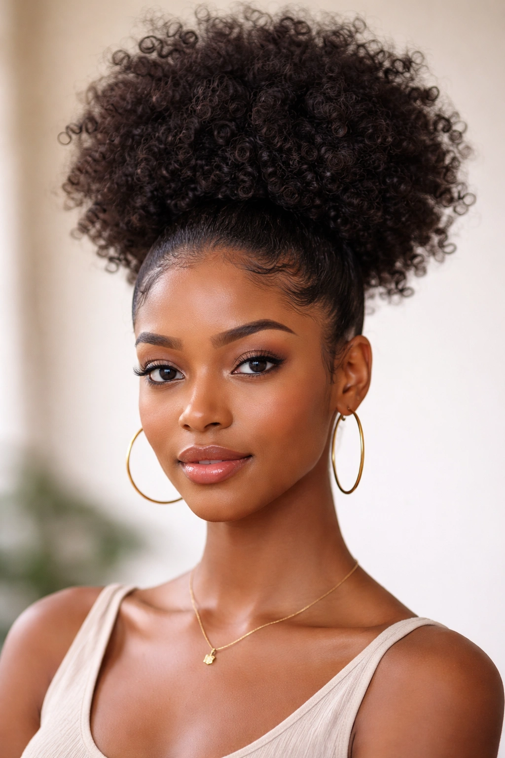 High-puff crown hairstyle on an afro-textured hair model