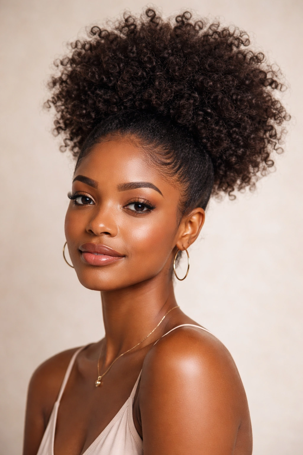 Close-up of a Black woman with a high puff hairstyle in a studio setting