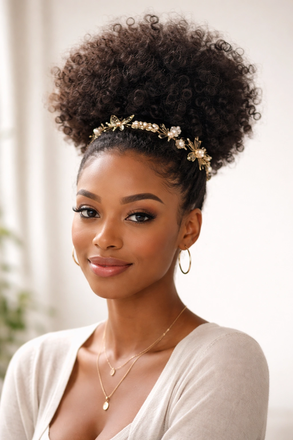 High puff hairstyle with decorative clips framing a round crown