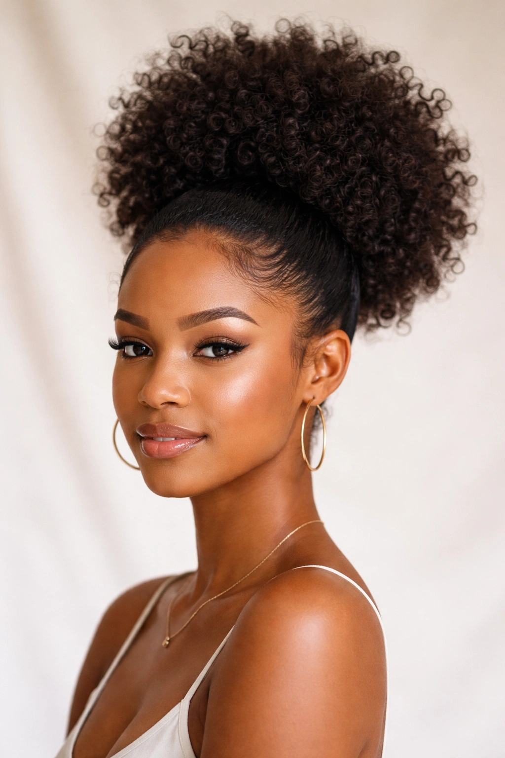 High puff ponytail at crown with rounded volume and defined curls