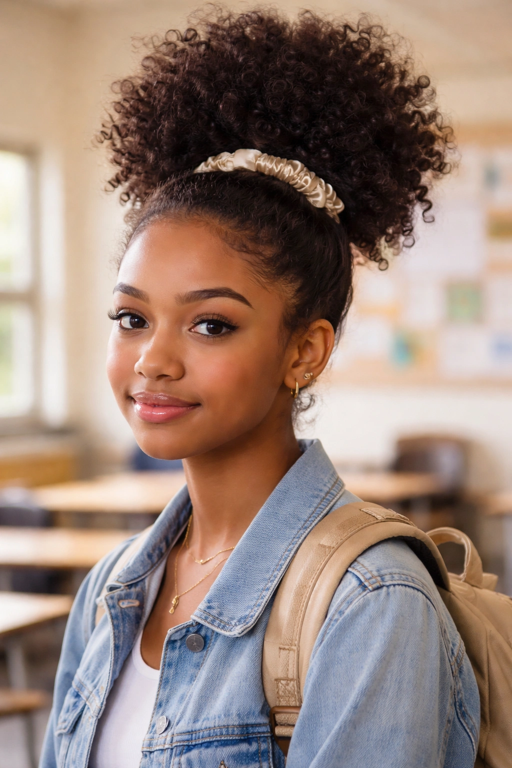 Close-up of a student’s curly high puff with a gold cuff and satin wrap.