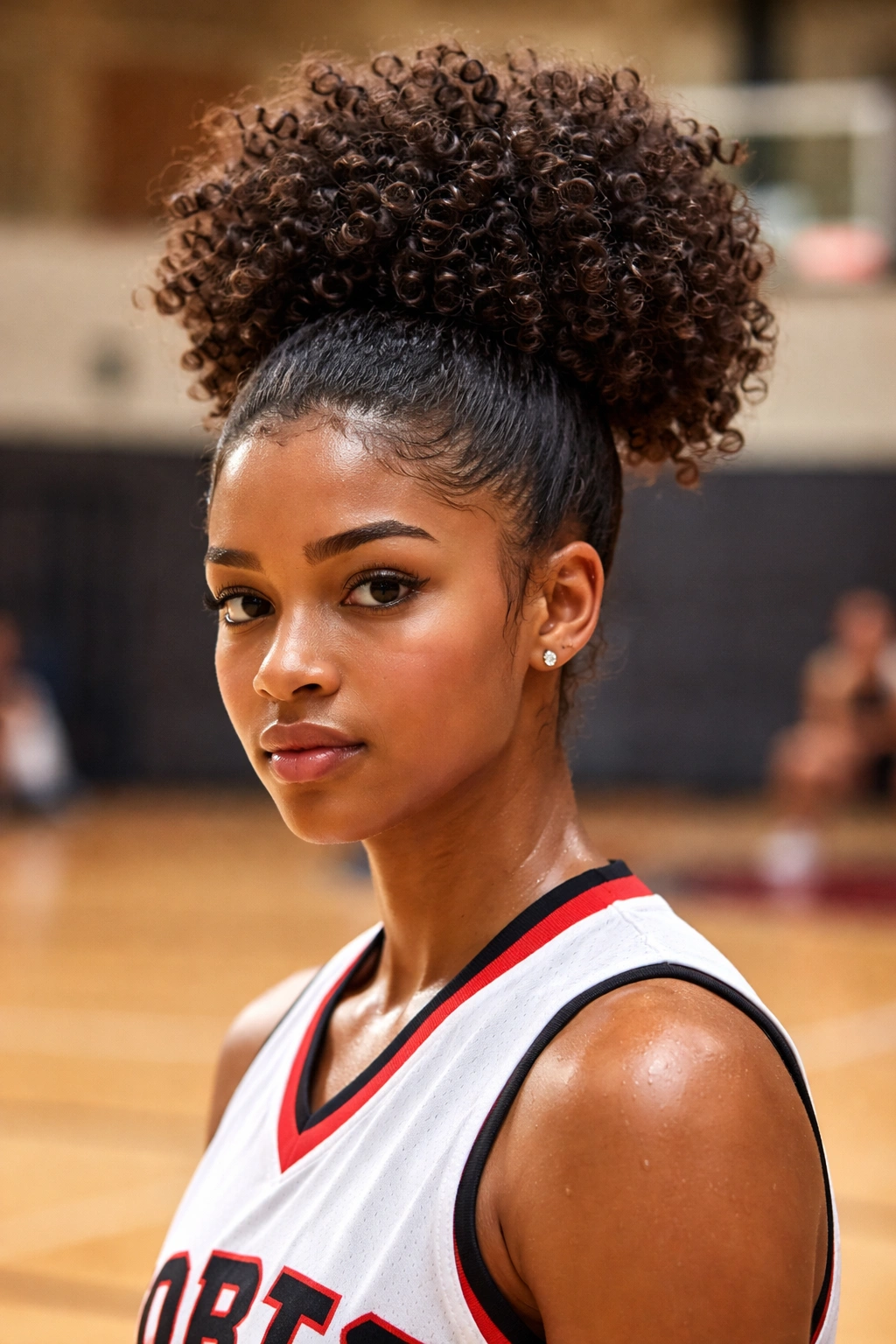 Close-up of a high puff with defined curls on a basketball player, hair elevated off the neck