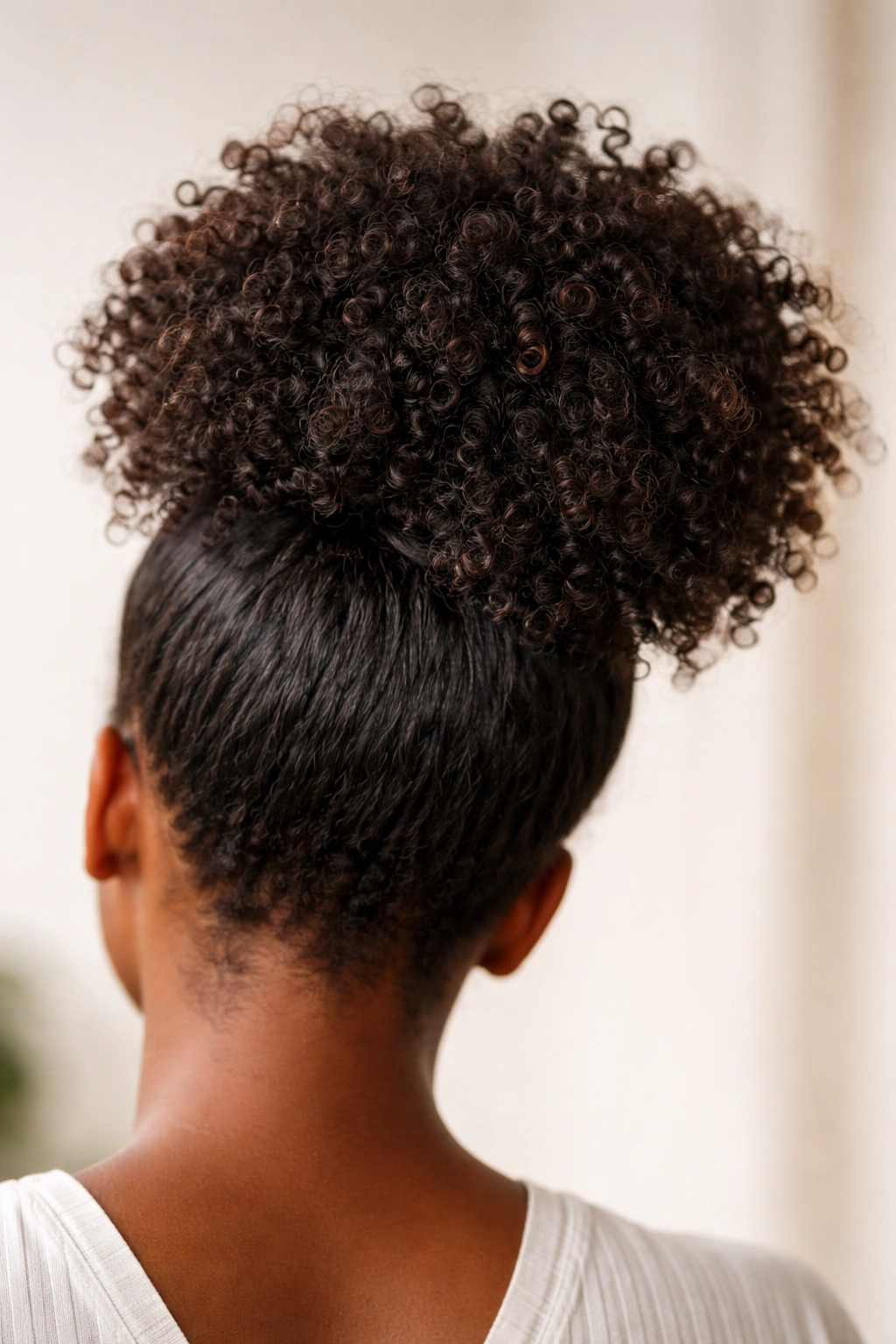 Close-up of a voluminous high curly puff ponytail at the crown