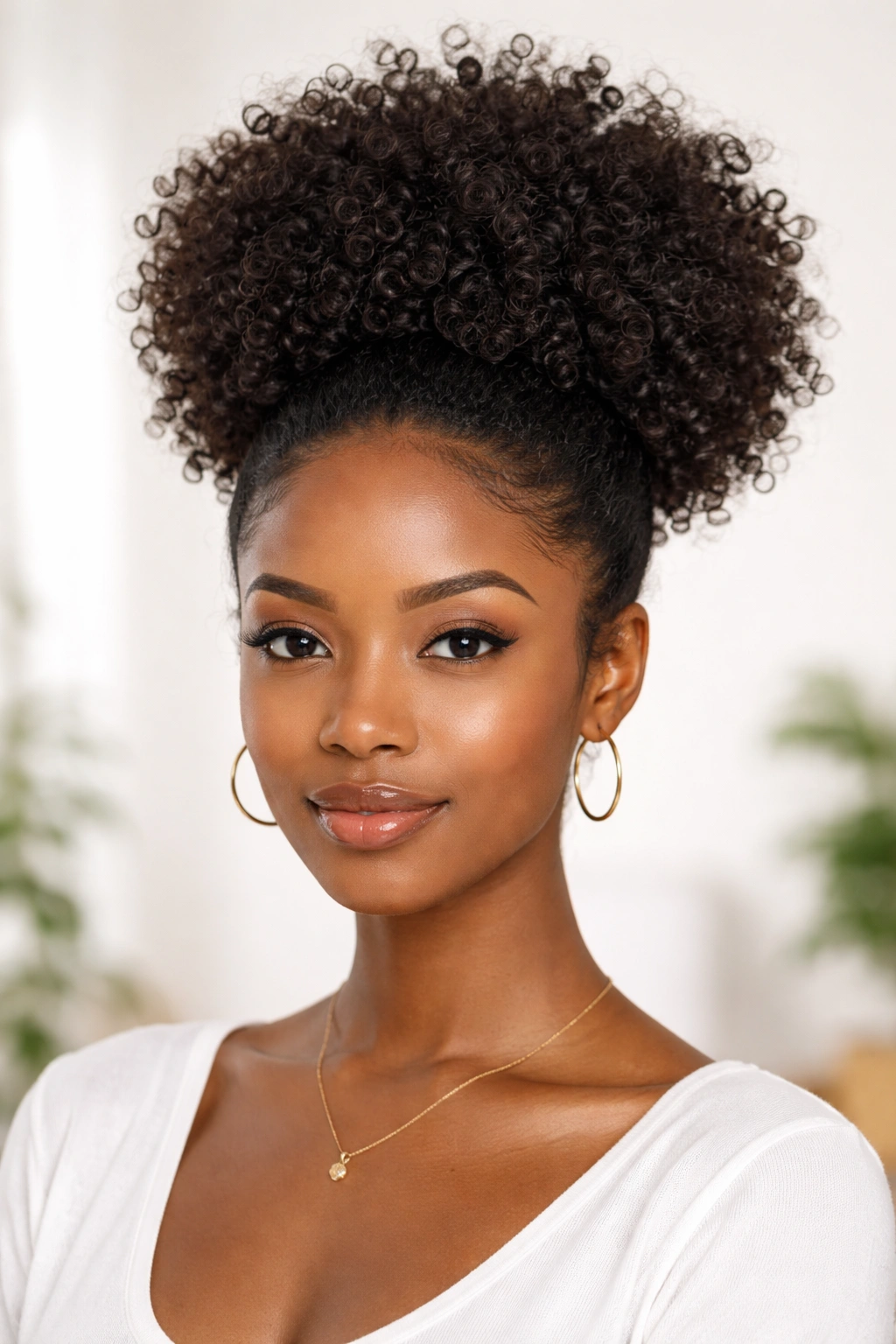 Front view of a high puff with defined curls on 4c hair