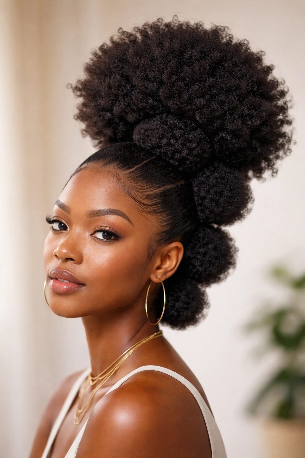 4C hair styled into a high puff with multiple smaller puffs