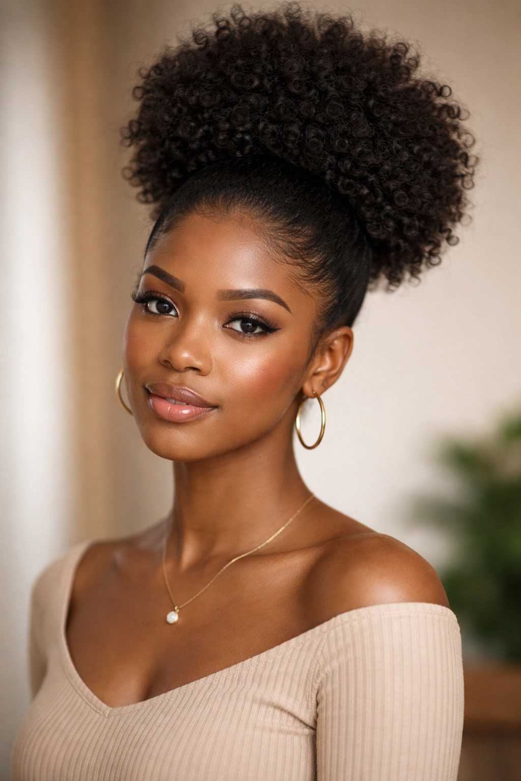 Close-up of a bold high puff on natural hair at crown with studio lighting