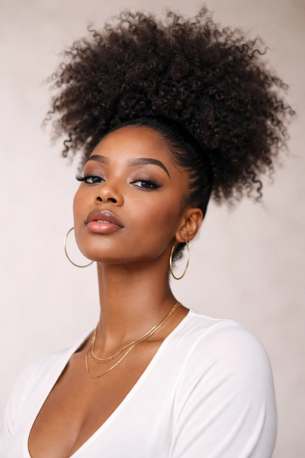 High puff of long natural hair with full crown volume