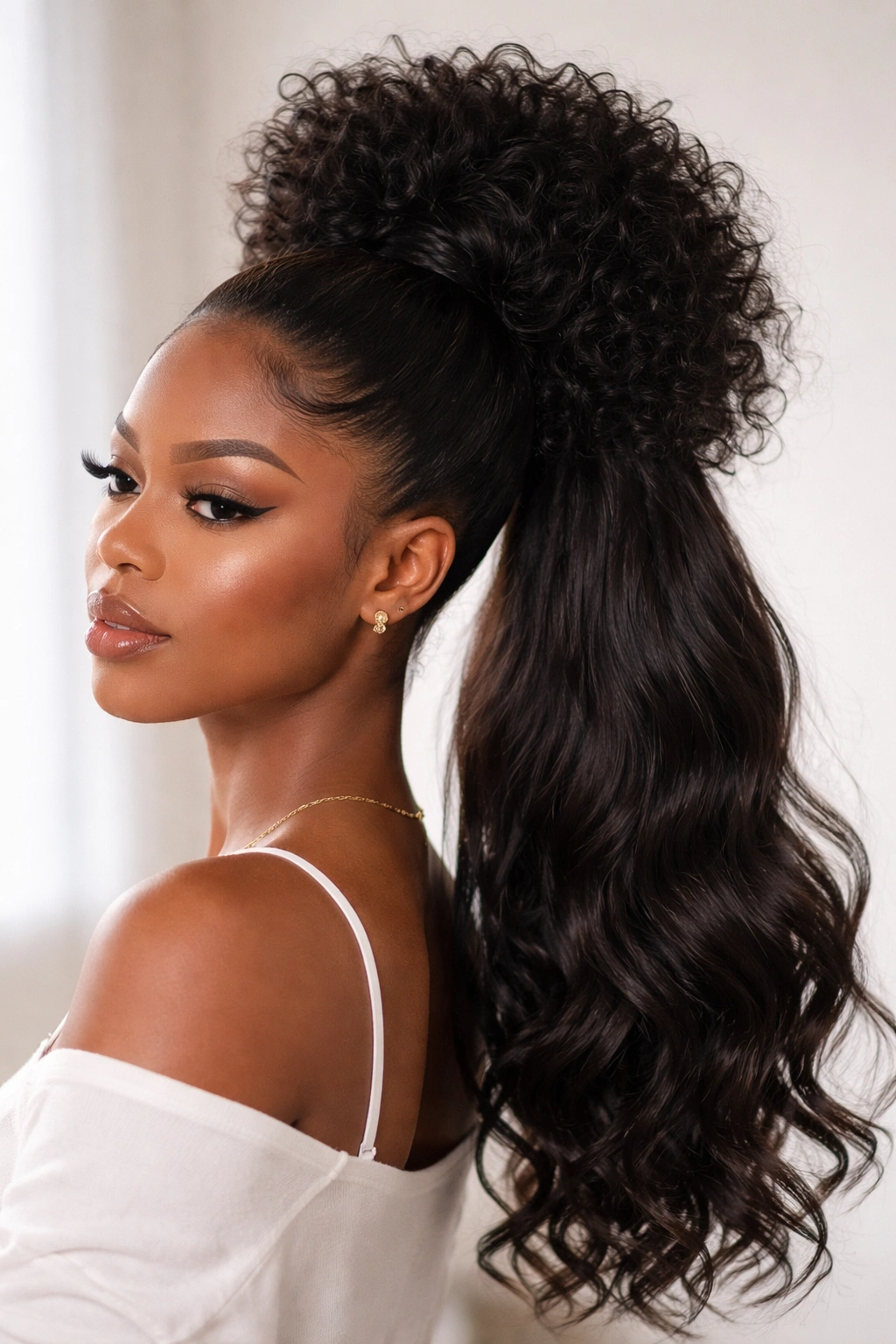 High puff ponytail with lifted crown and long ponytail