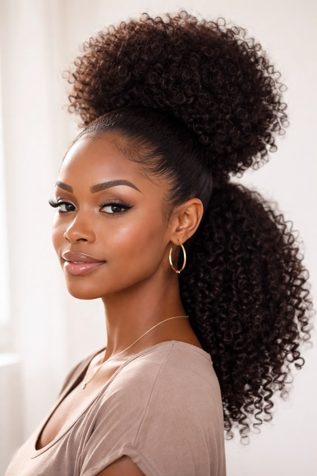 Close-up portrait of a person with a high puff ponytail hairstyle