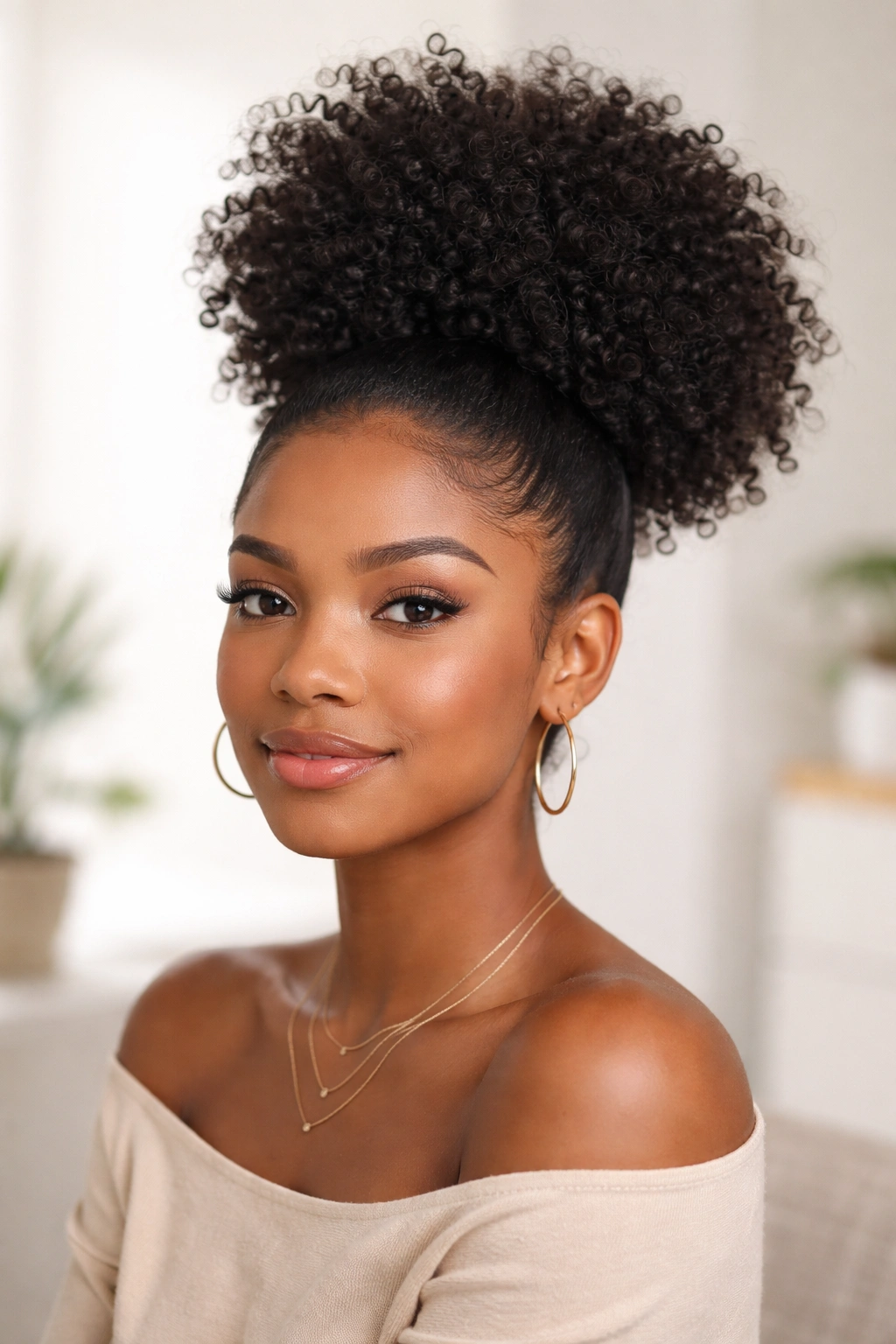High puff ponytail with dense curls forming a crown above the head.