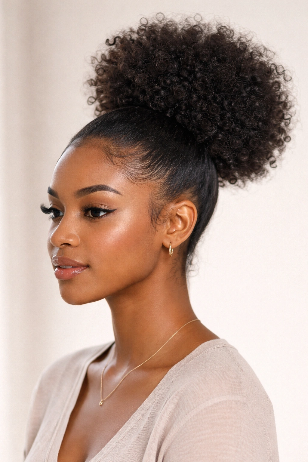 Close-up of a high puff ponytail on natural hair with crown puff