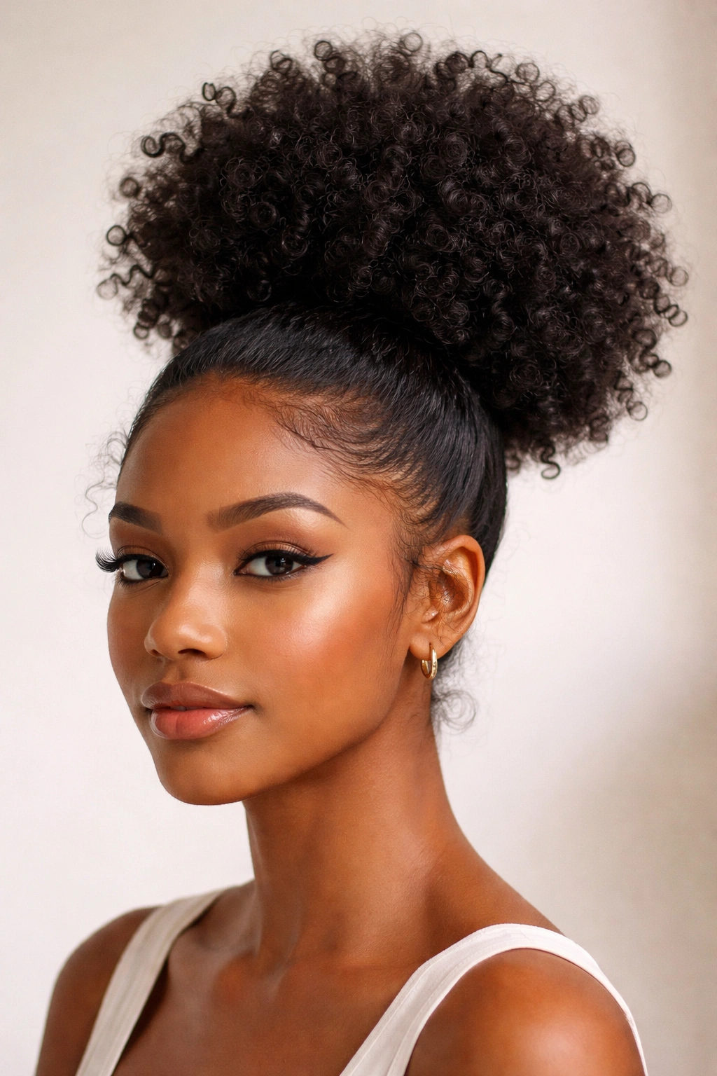 Close-up of high puff ponytail at crown with voluminous natural curls