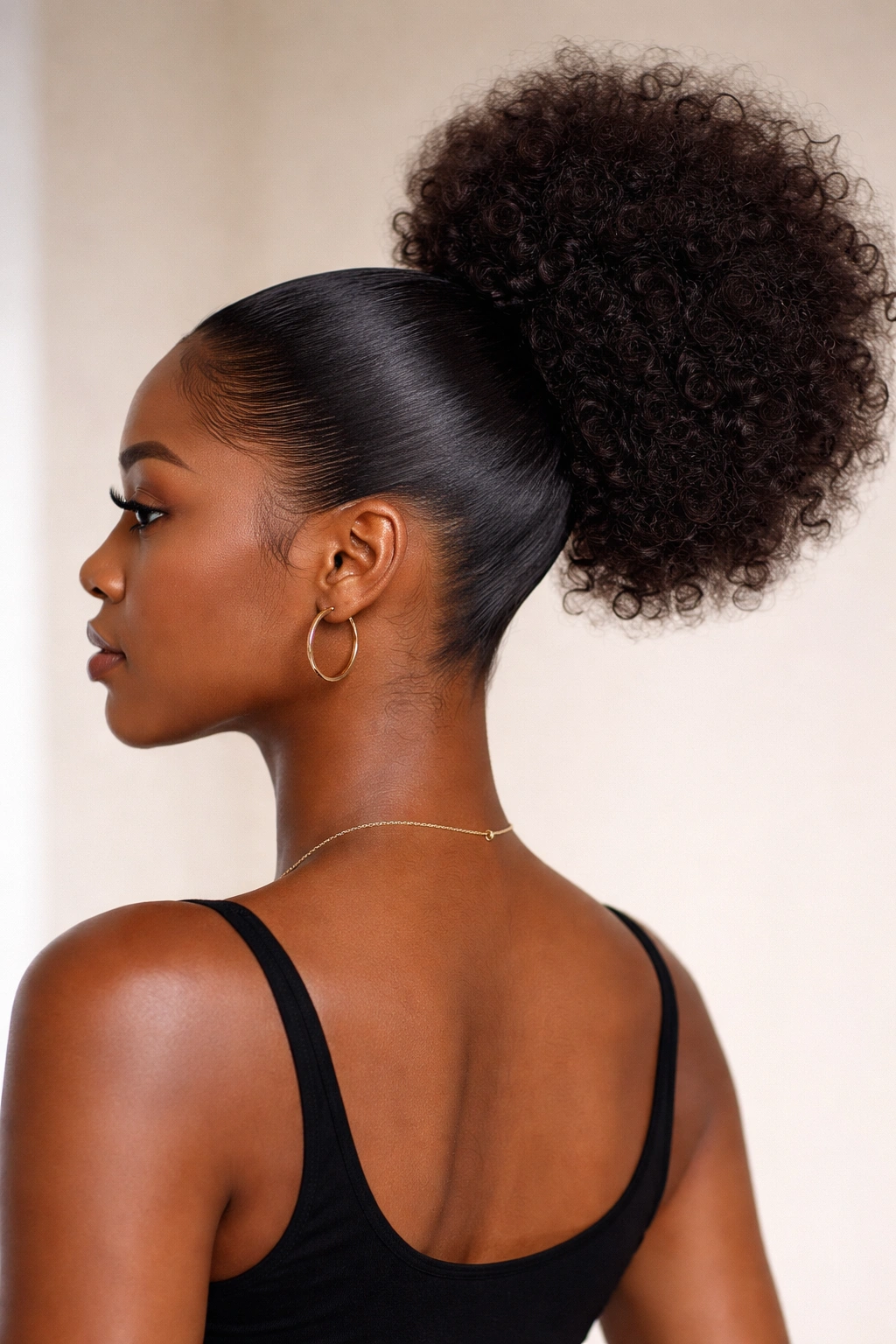 Three-quarter rear view of high puff ponytail with sleek sides