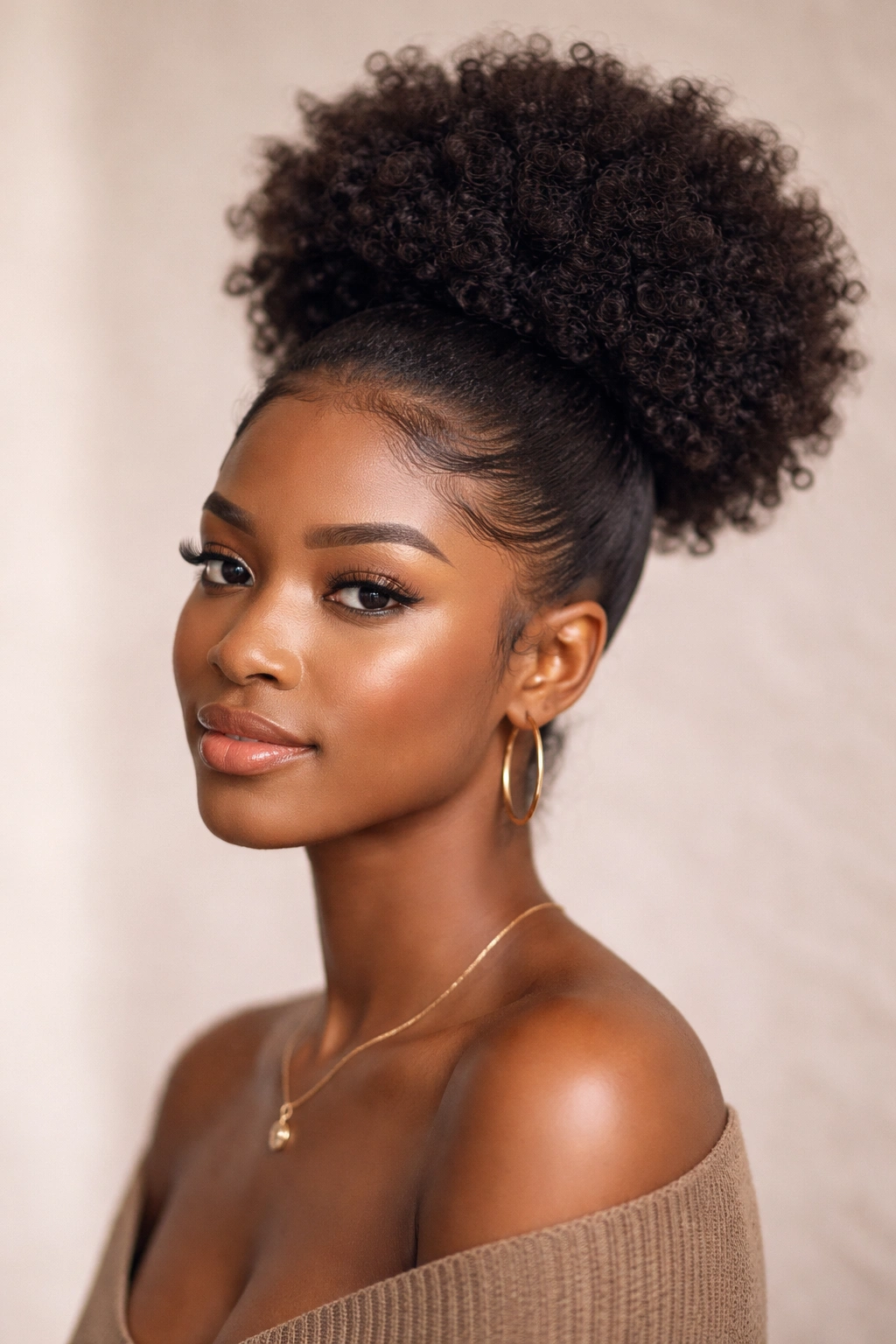 Portrait of a high puff with wrap-around edges framing the face