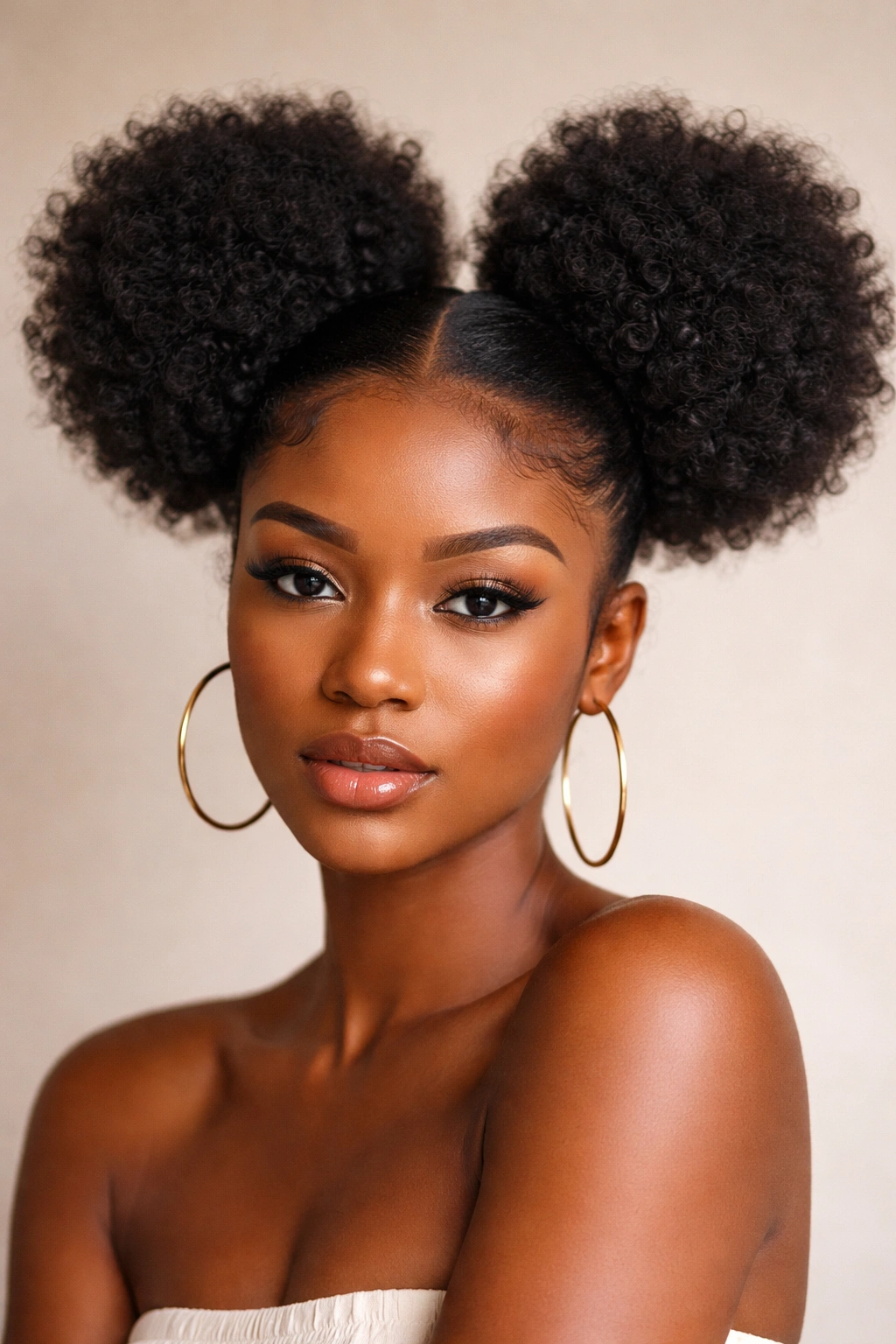 Close-up of two symmetrical high puffs at the crown on natural textured hair
