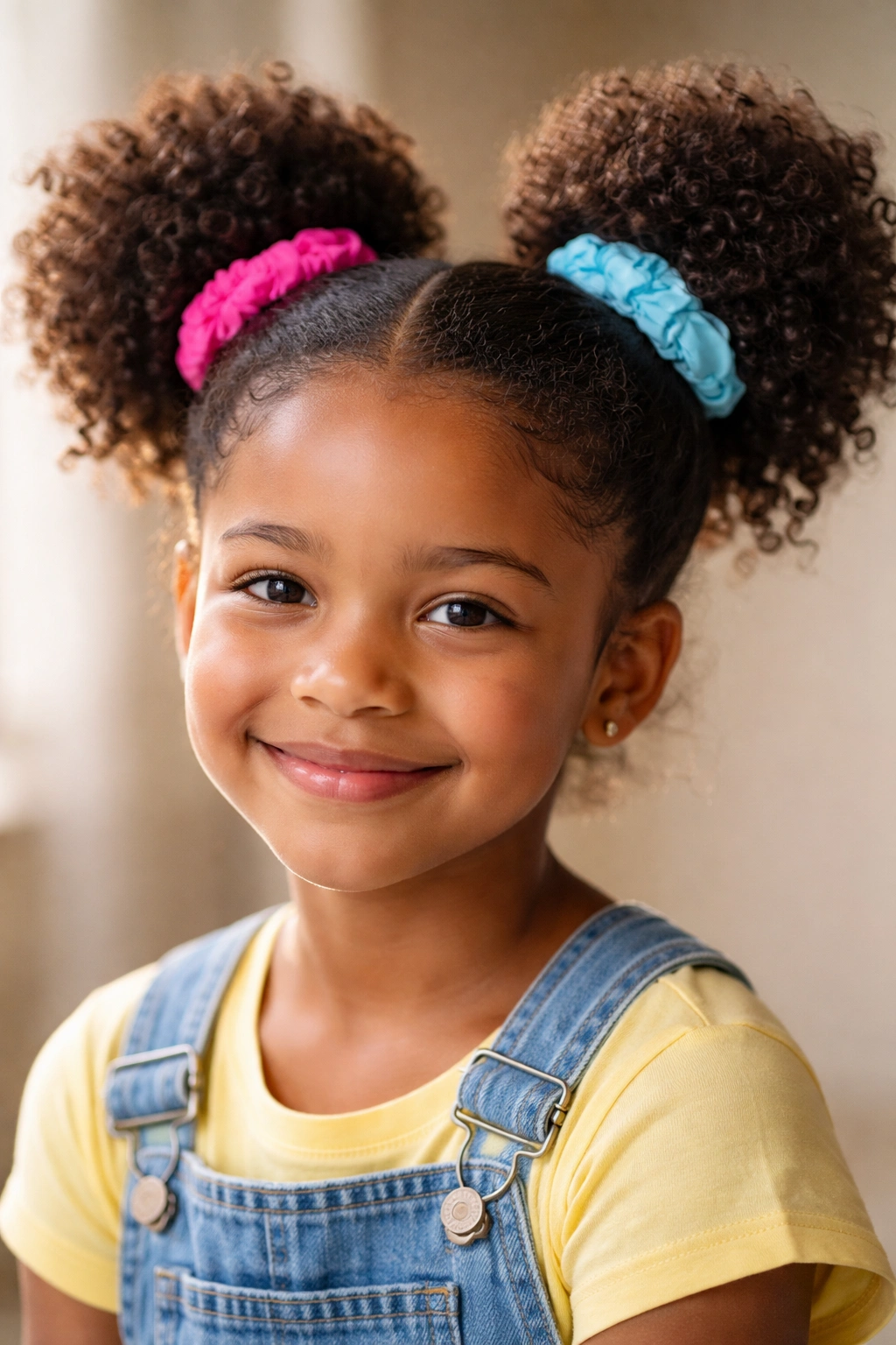 Two high curly puffs with colorful scrunchies on a child's head, crown hairstyle.