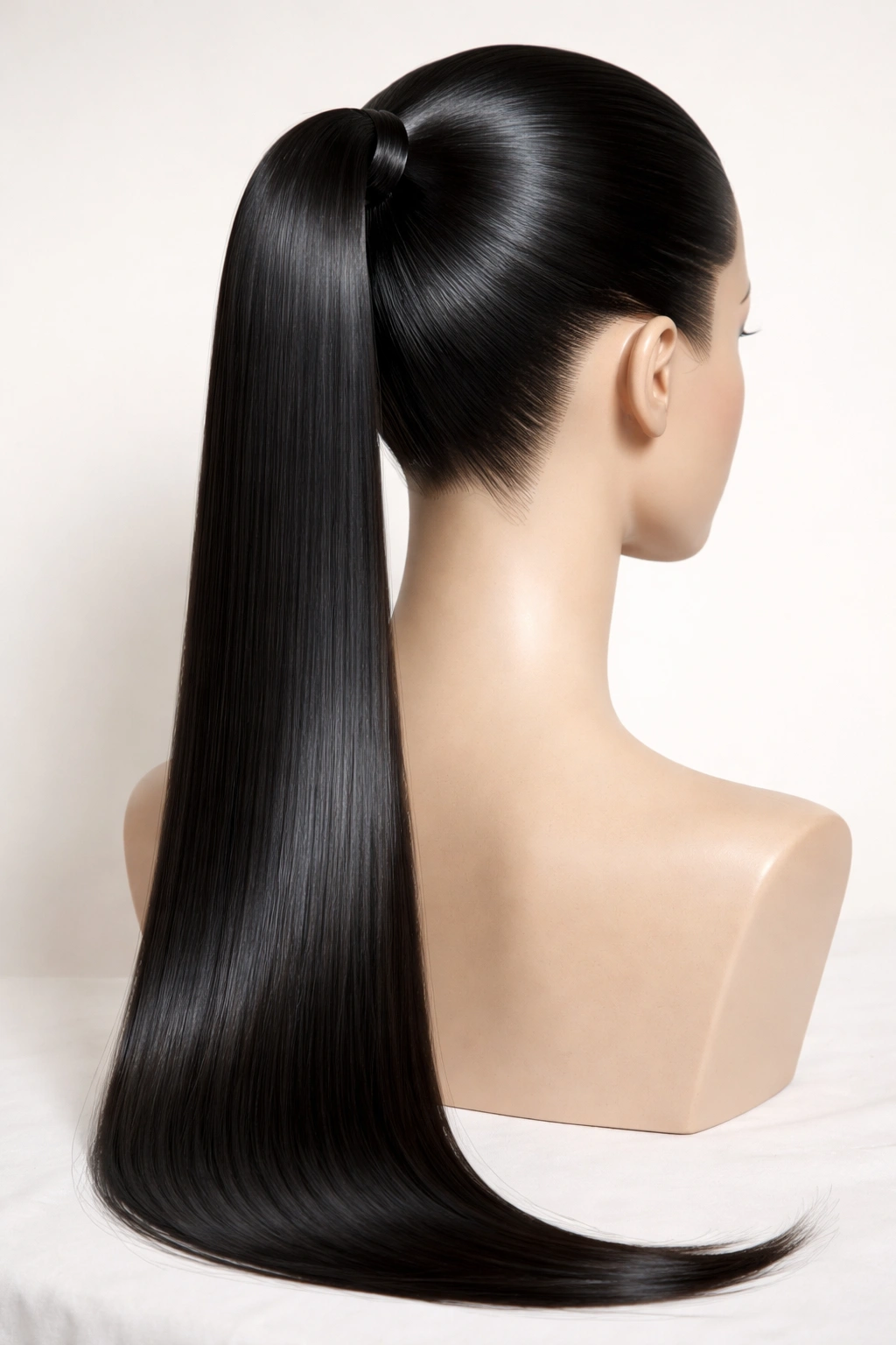 Close-up of a high-shine, lacquered ponytail with flawless straight lines