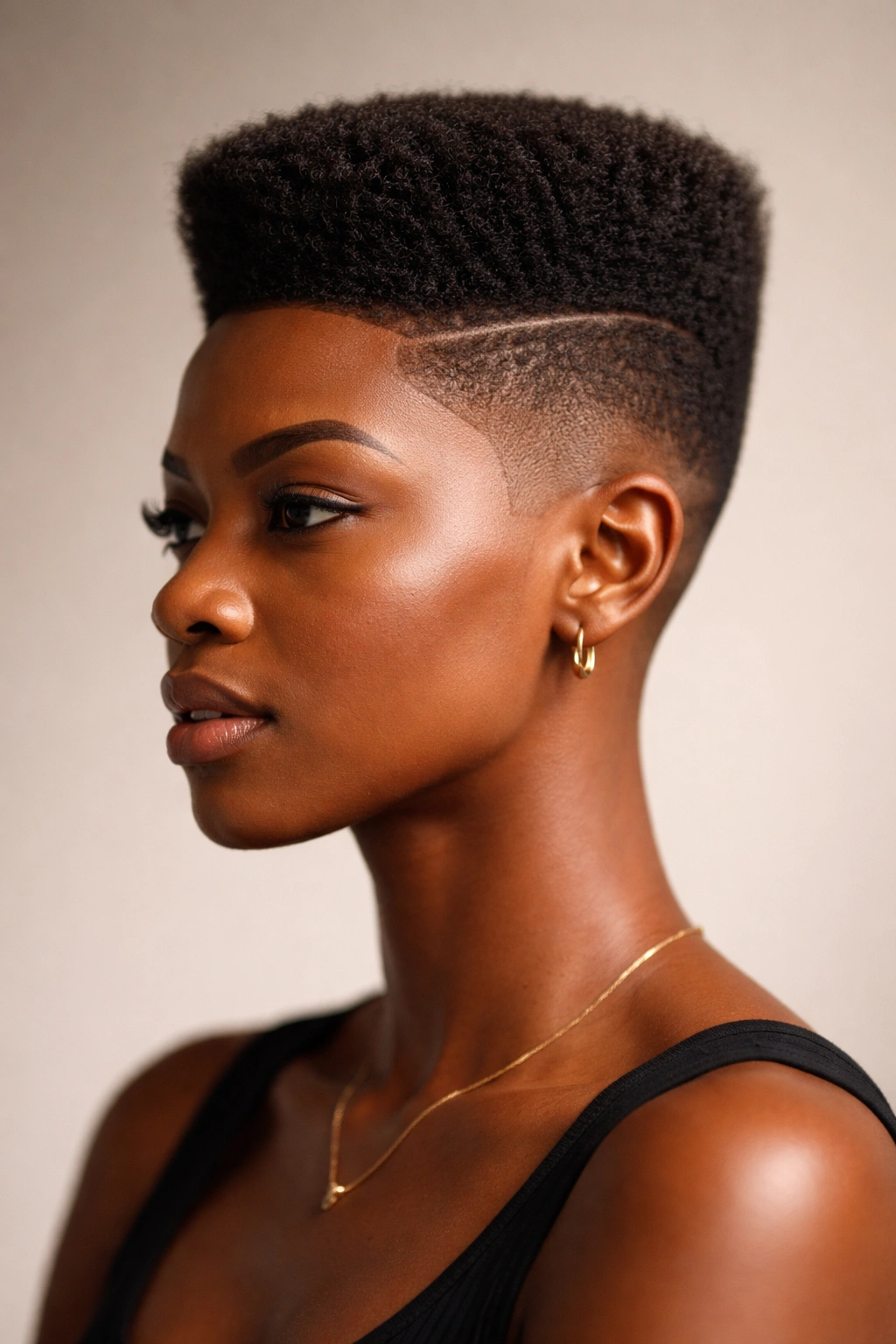 Portrait of a woman with a cropped high-top fade showing a tall top and fade on the sides.