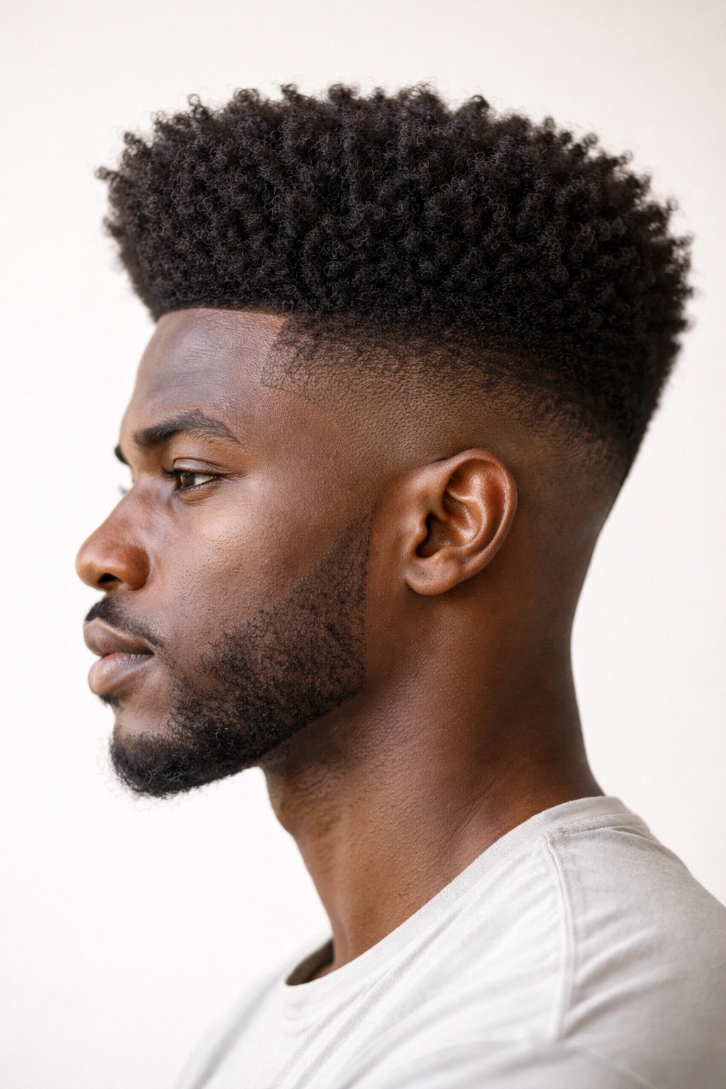 Side profile of a high-top fade on 4C hair showing tall textured top and faded sides