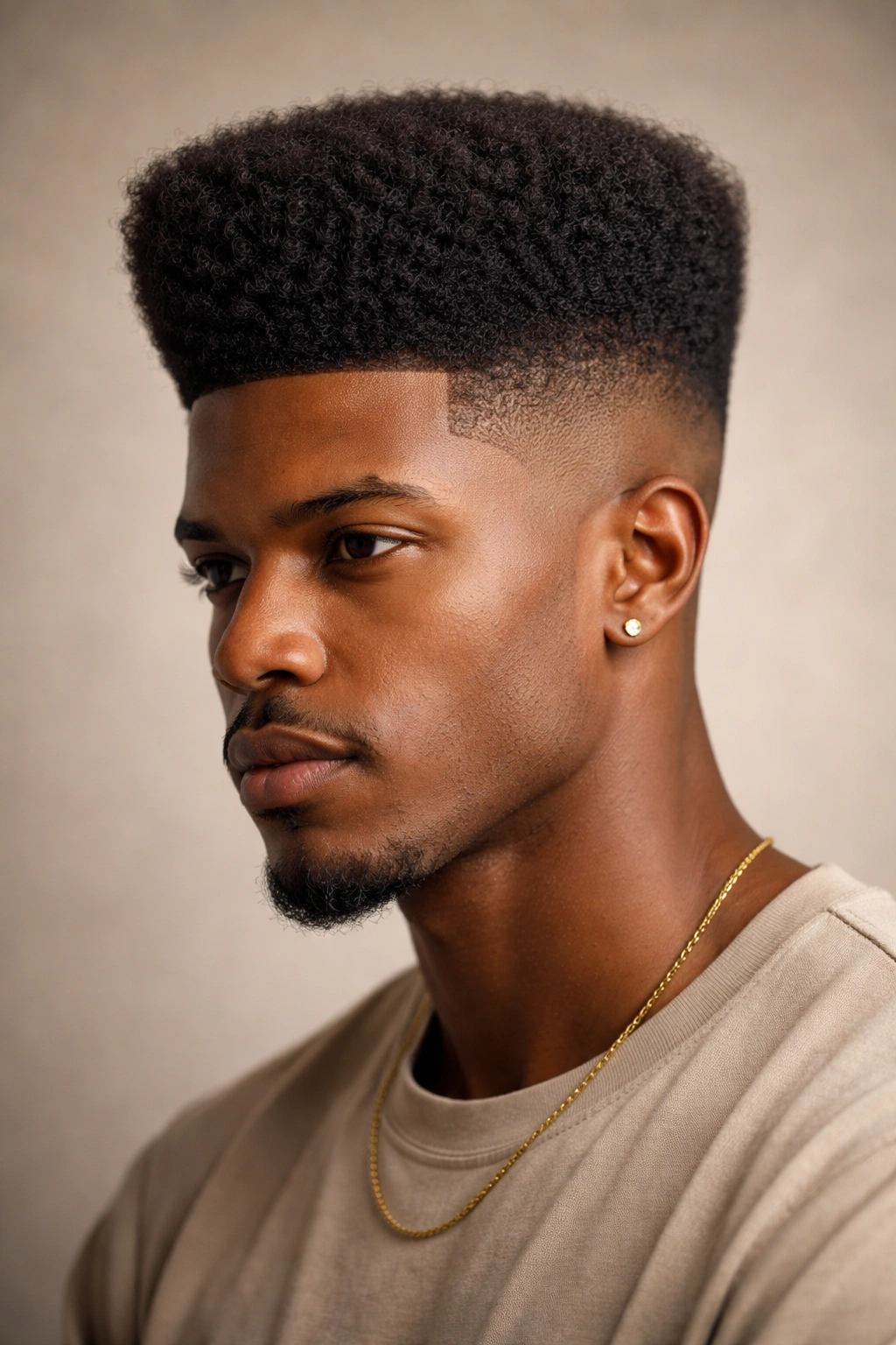 High-top fade afro hairstyle with dramatic crown height and crisp side fade.