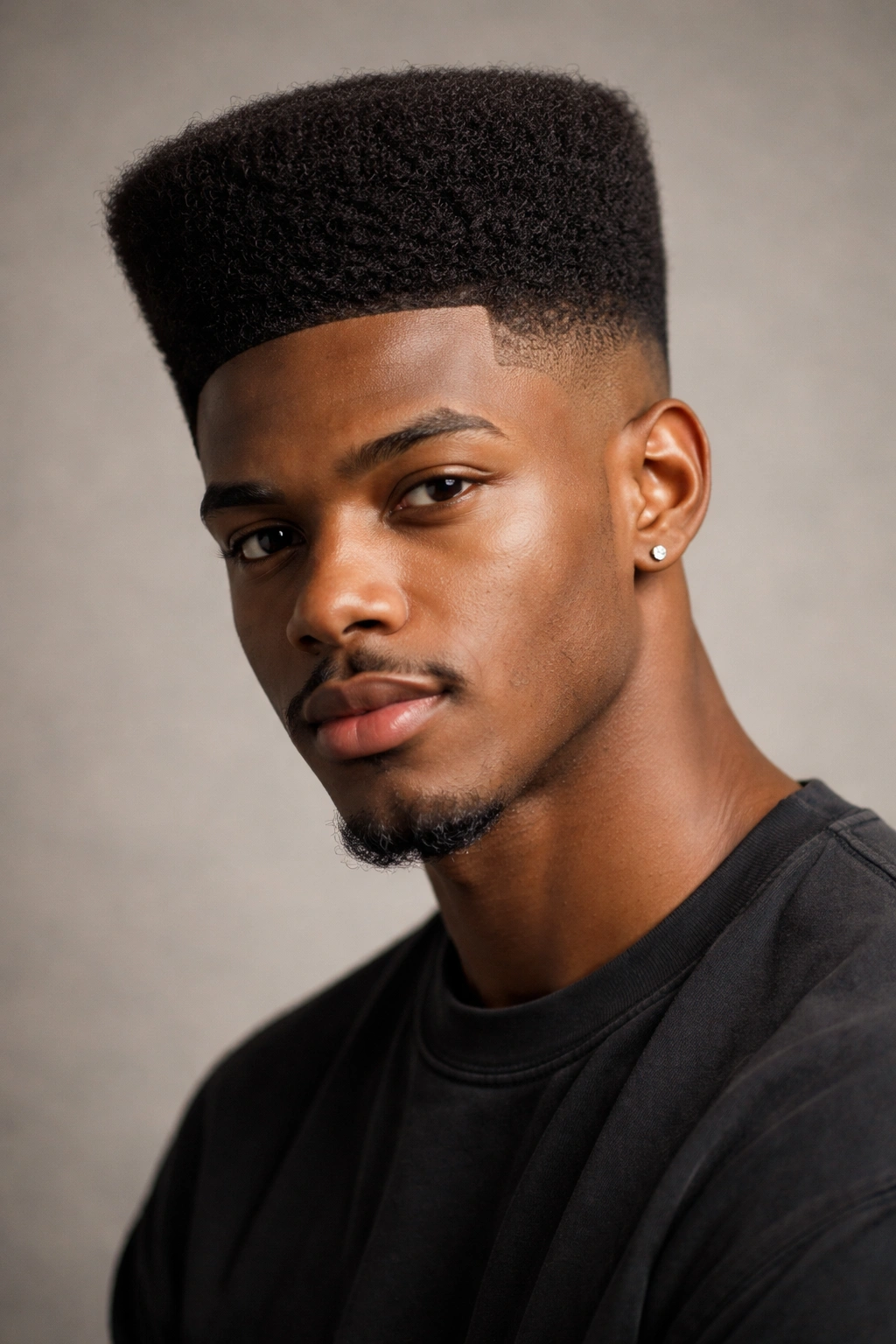 Portrait of a person with a high-top fade featuring a tall rounded top and skin fade on the sides.