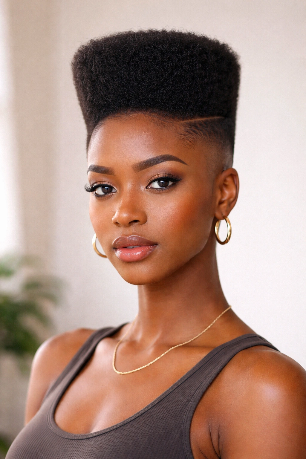 Frontal portrait of a person with a tall high-top fade and sharp side fade