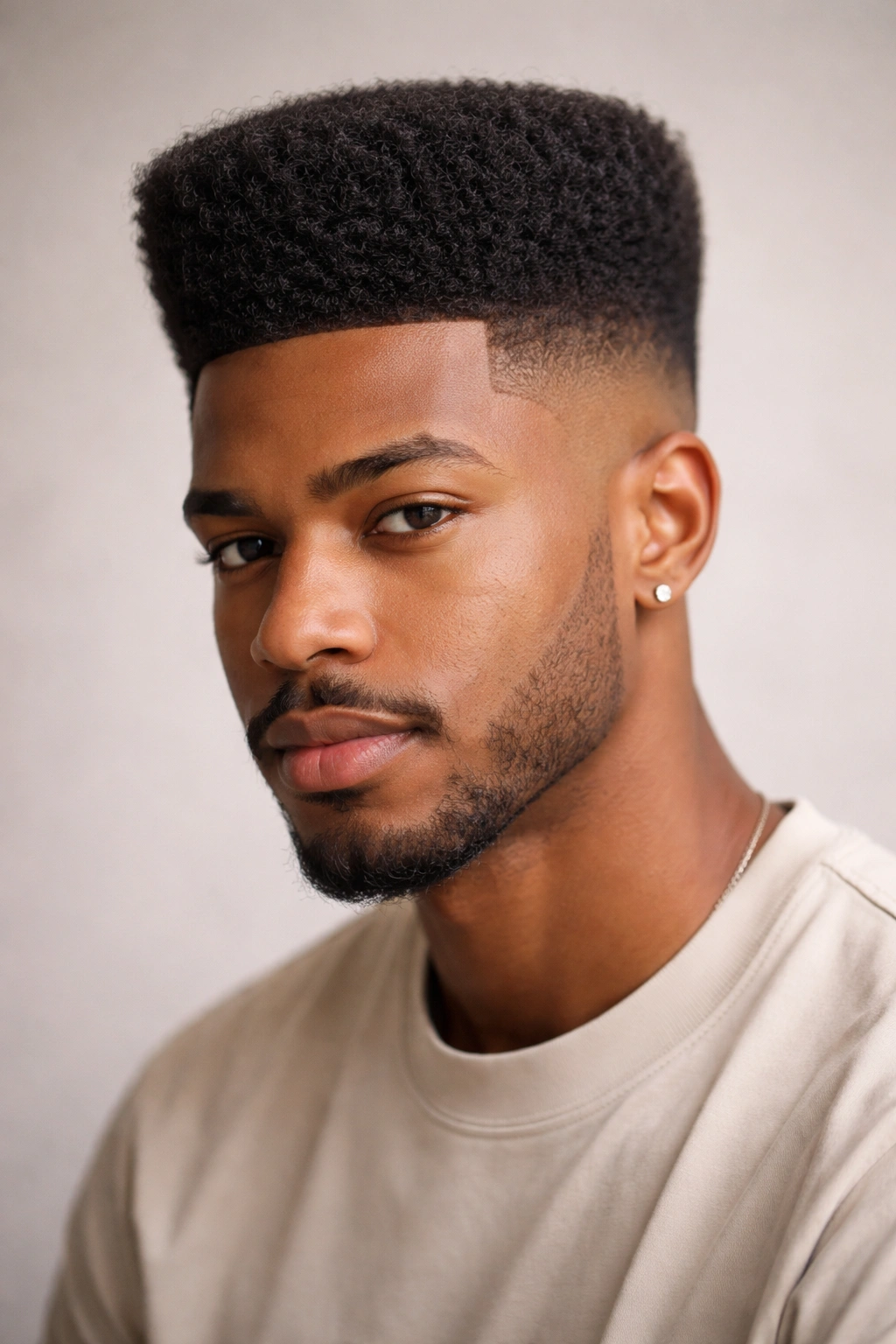 Close-up of a model with a high-top fade and tapered sides emphasizing crown height