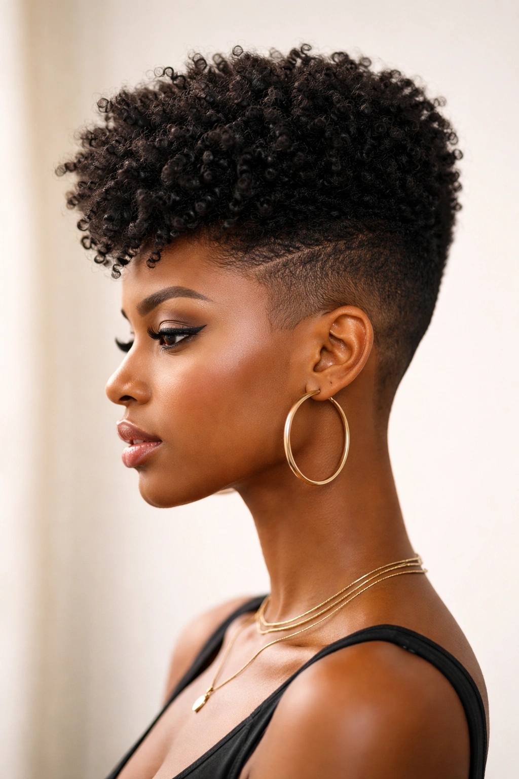 Side profile of woman with high-top fade and textured crown