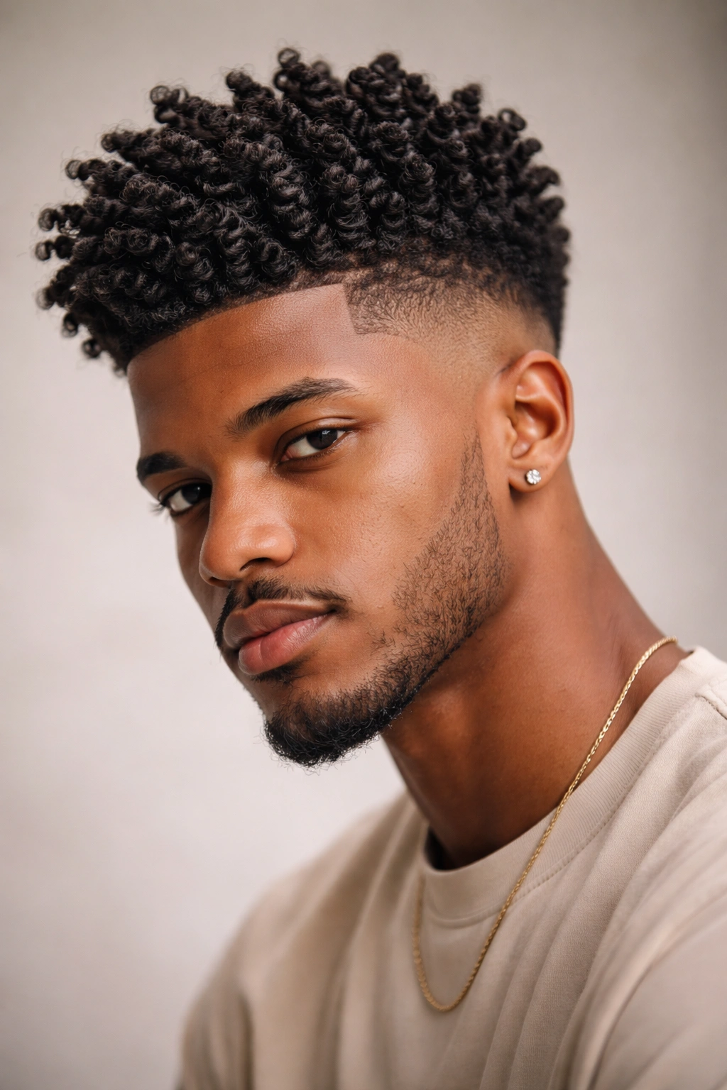 High-top fade with defined twist patterns on 3c curls close-up