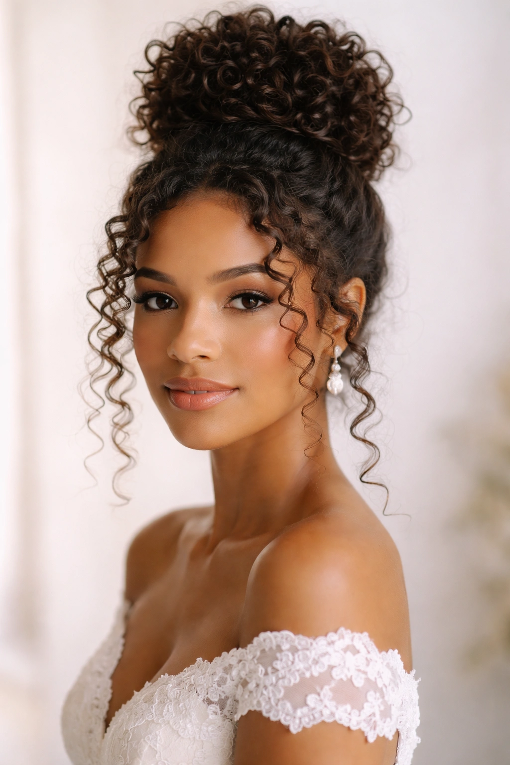 Front view of a high top knot with curls framing the face