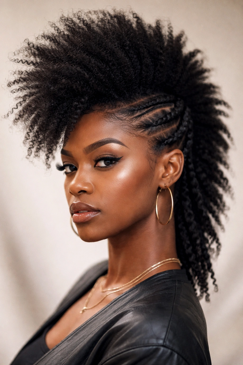 Portrait of high-top Mohawk with twisted sides framing crown