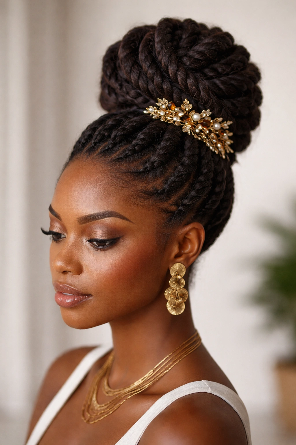 High twisted knot with decorative accessory on Afro hair