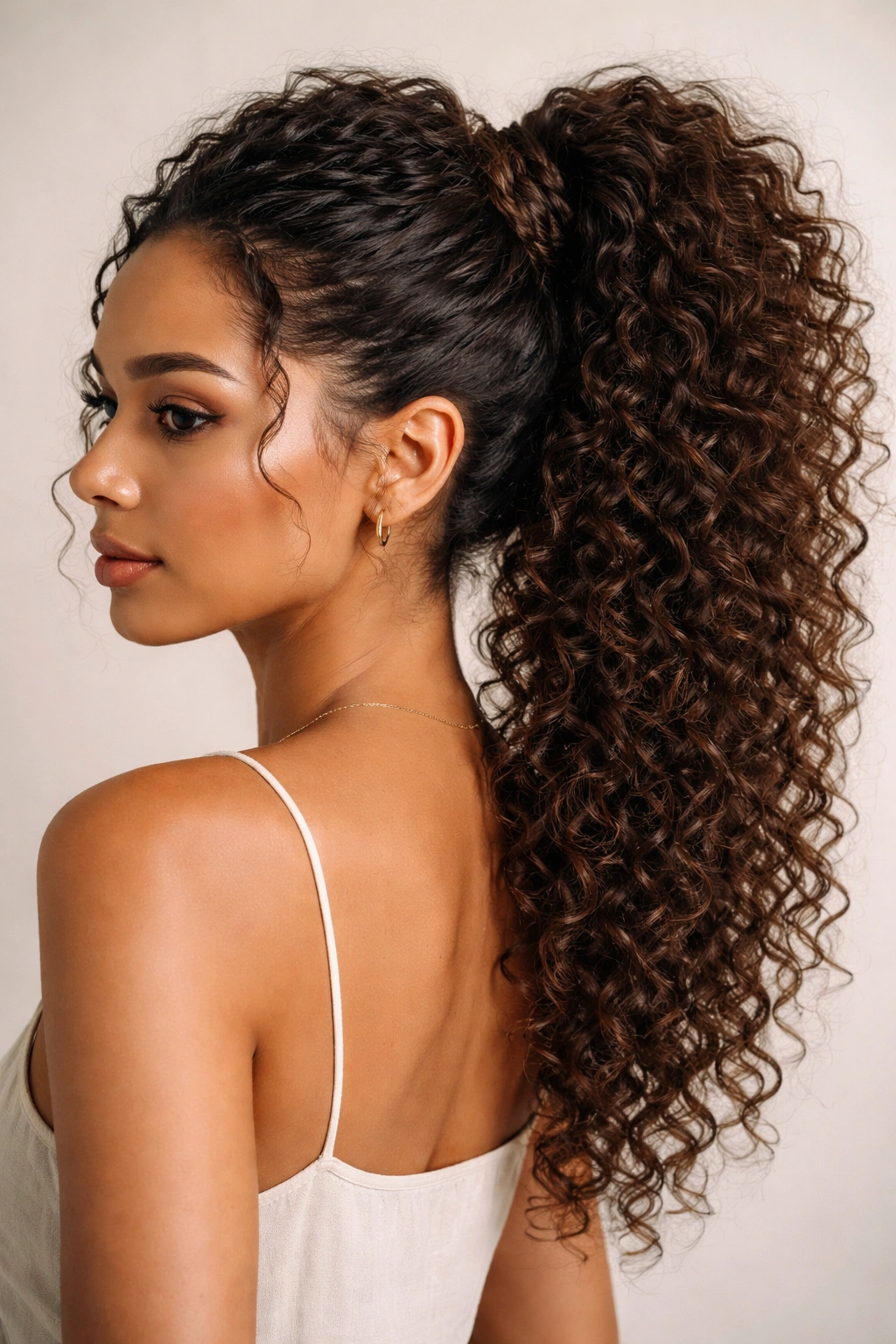 High twisted ponytail with a tight coil around the base showcasing curl texture.