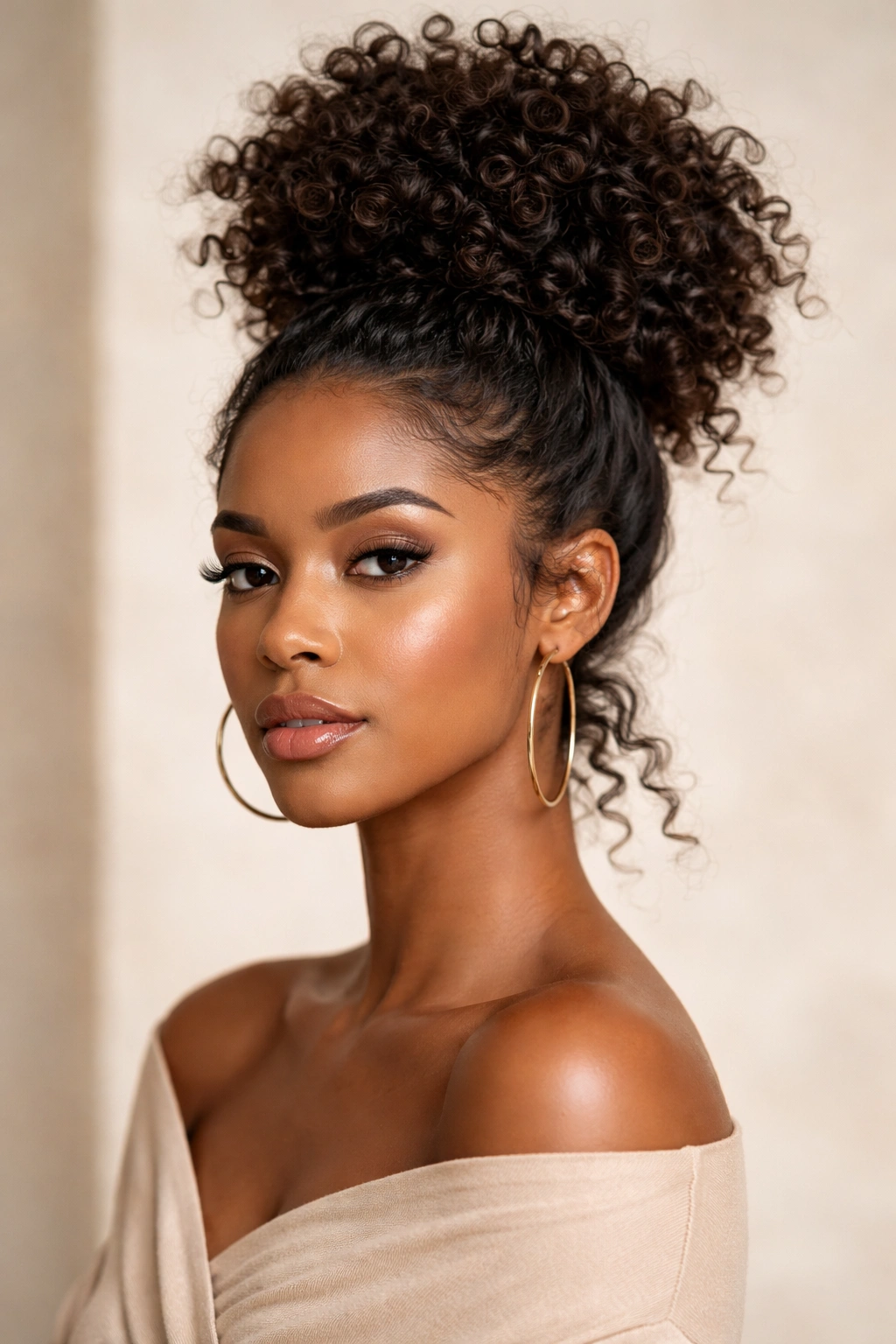 Close-up of a high-volume crown bun formed from curly hair