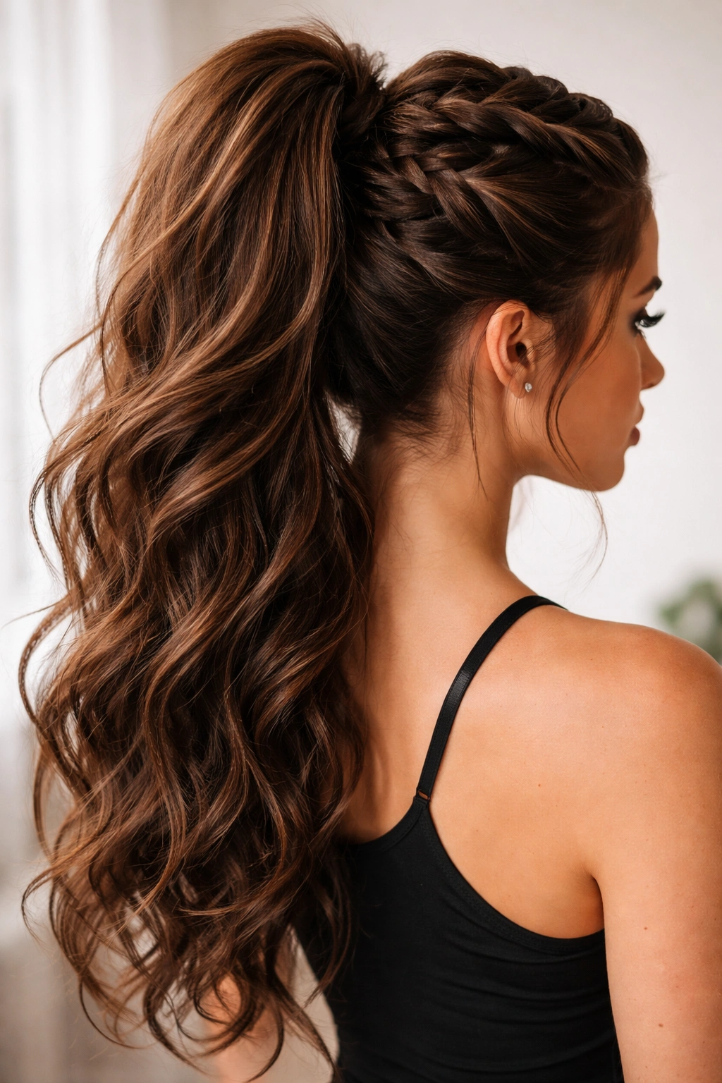 High-volume butterfly braid ponytail with a lifted crown and voluminous length